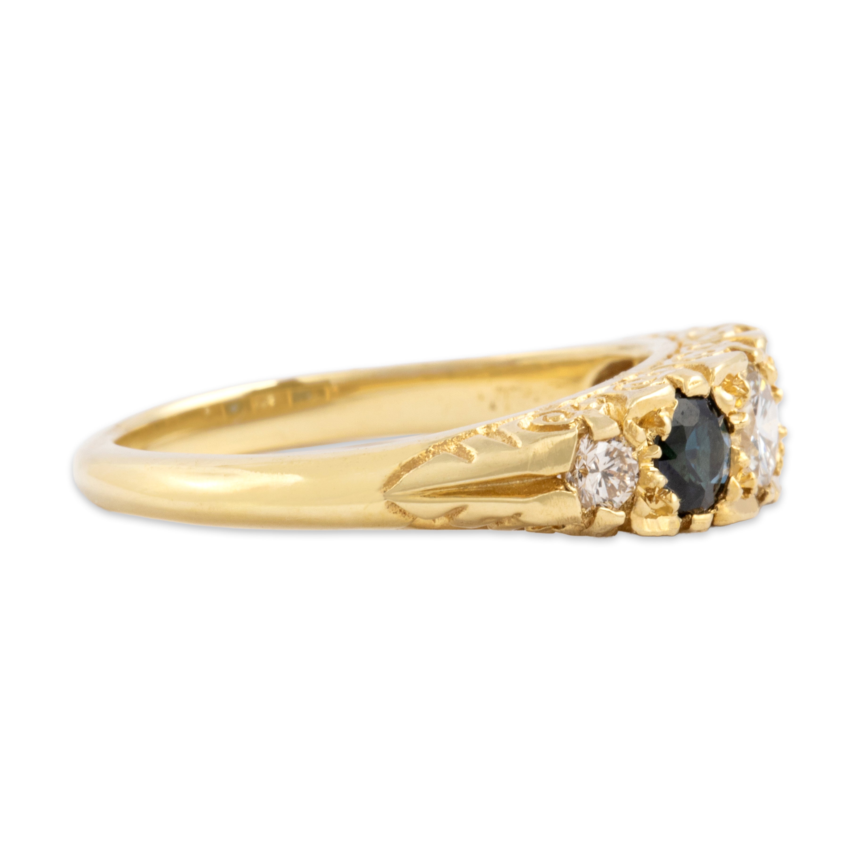 Vintage 18k Yellow Gold Blue Sapphire Diamond Scroll Accent Alternating Band Ring - Side view
