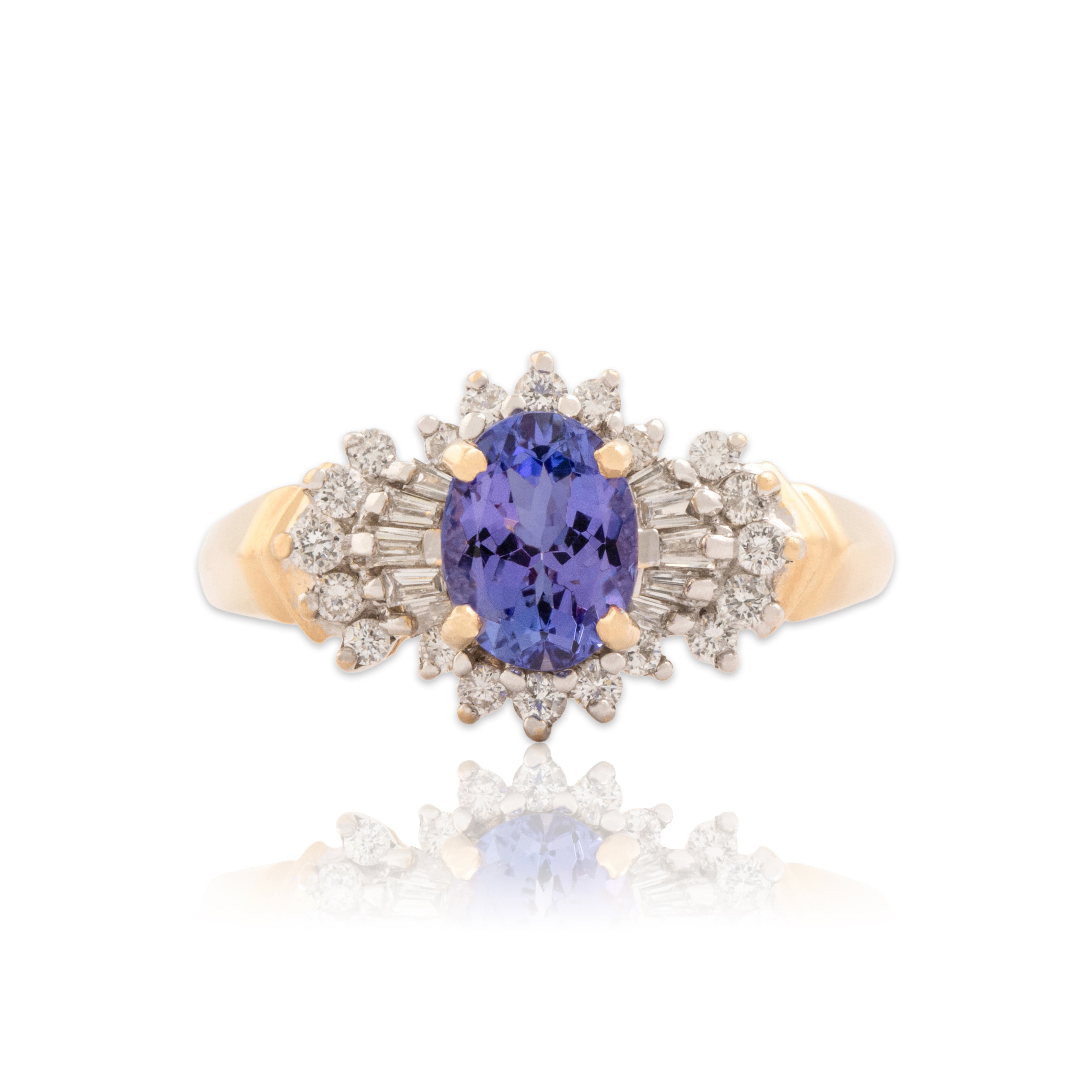 Vintage 14k Yellow & White Gold 1.36ct Tanzanite Diamond Dazzling Accented Shoulder Ring - Close-up view