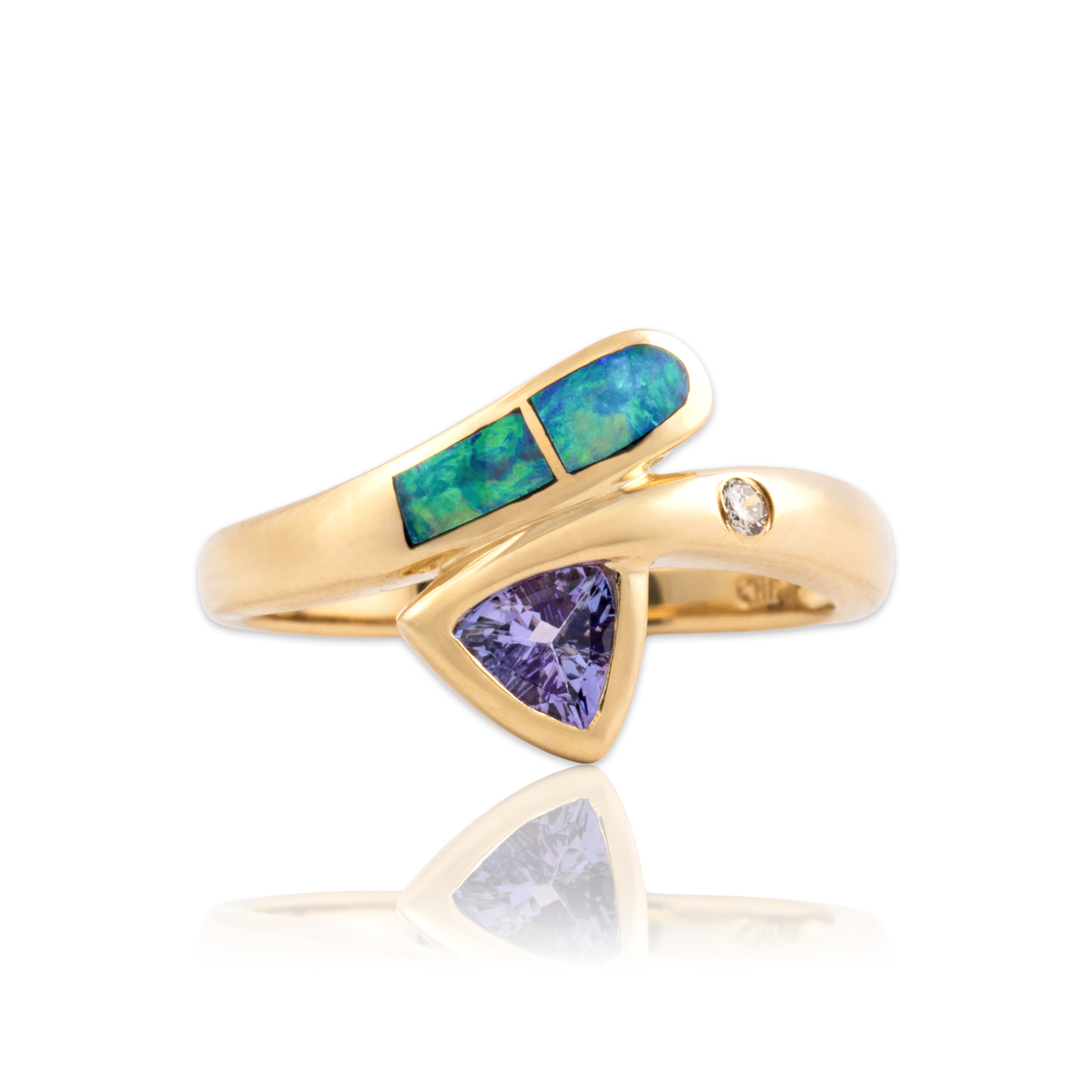 Vintage 14k Yellow Gold Tanzanite Diamond Opal Doublet Inlay Bypass Ring 7.25
