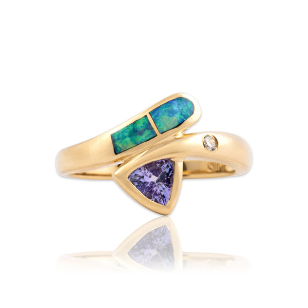 Vintage 14k Yellow Gold Tanzanite Diamond Opal Doublet Inlay Bypass Ring 7.25