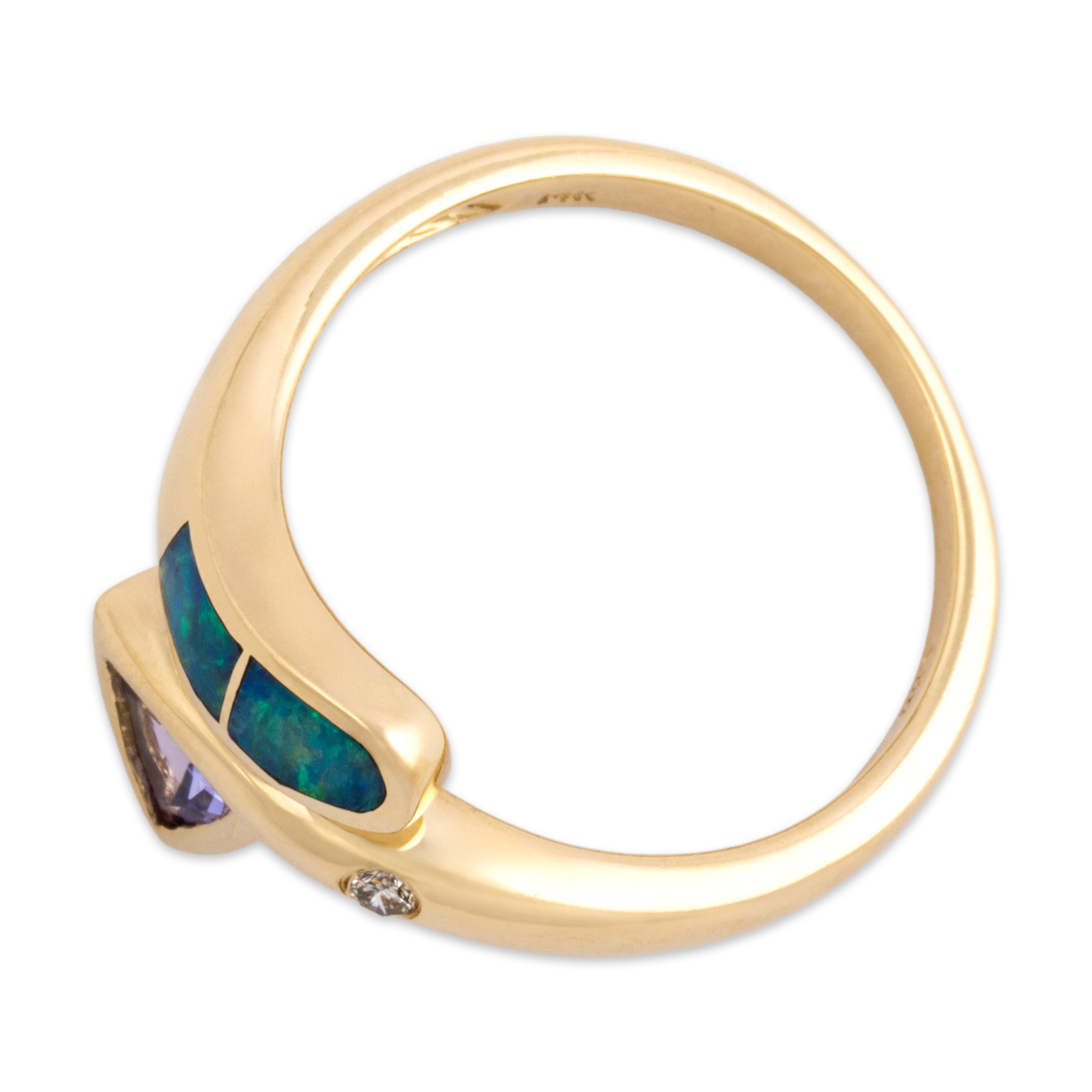 Vintage 14k Yellow Gold Tanzanite Diamond Opal Doublet Funky Inlay Bypass Ring - Overall view
