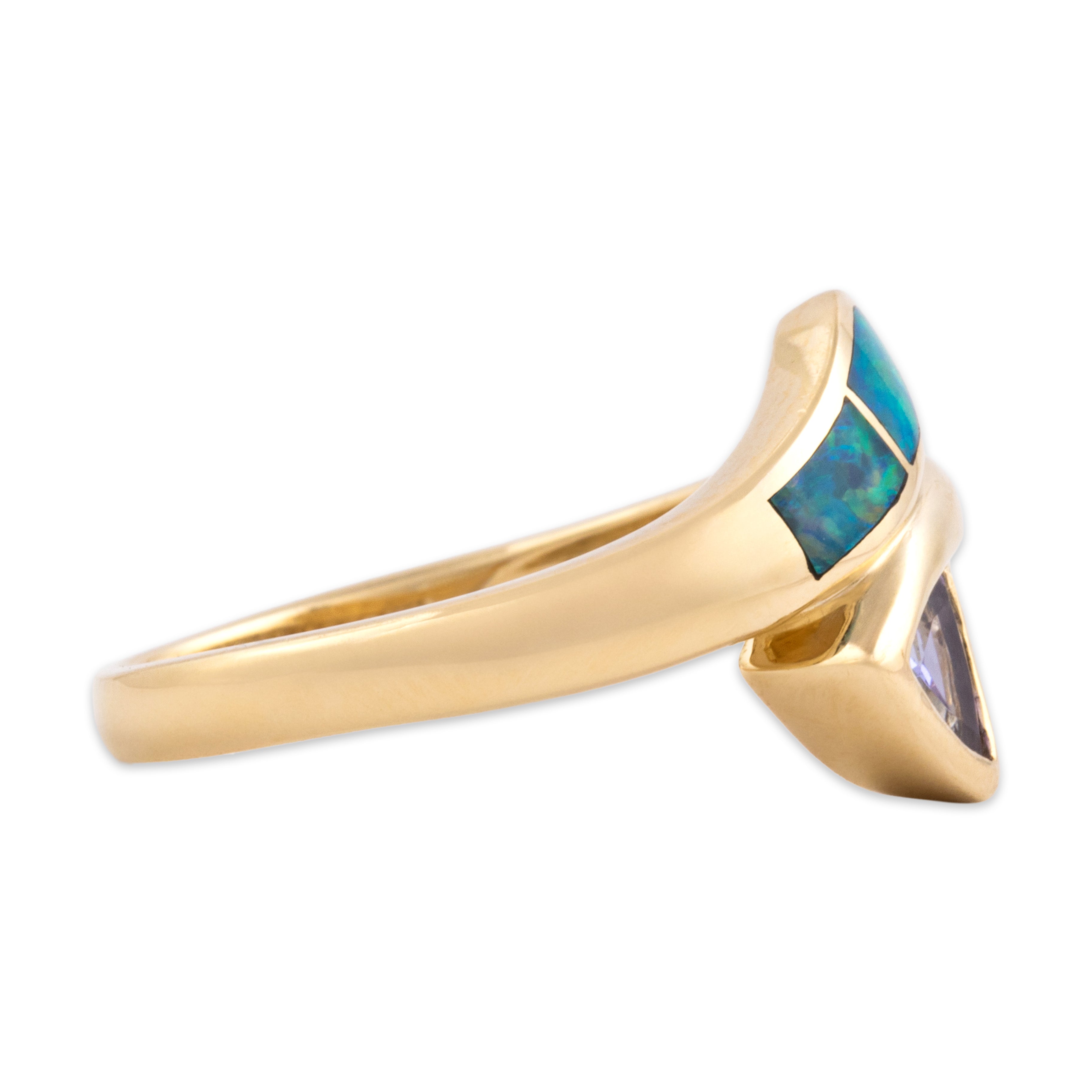 Vintage 14k Yellow Gold Tanzanite Diamond Opal Doublet Funky Inlay Bypass Ring - Side view