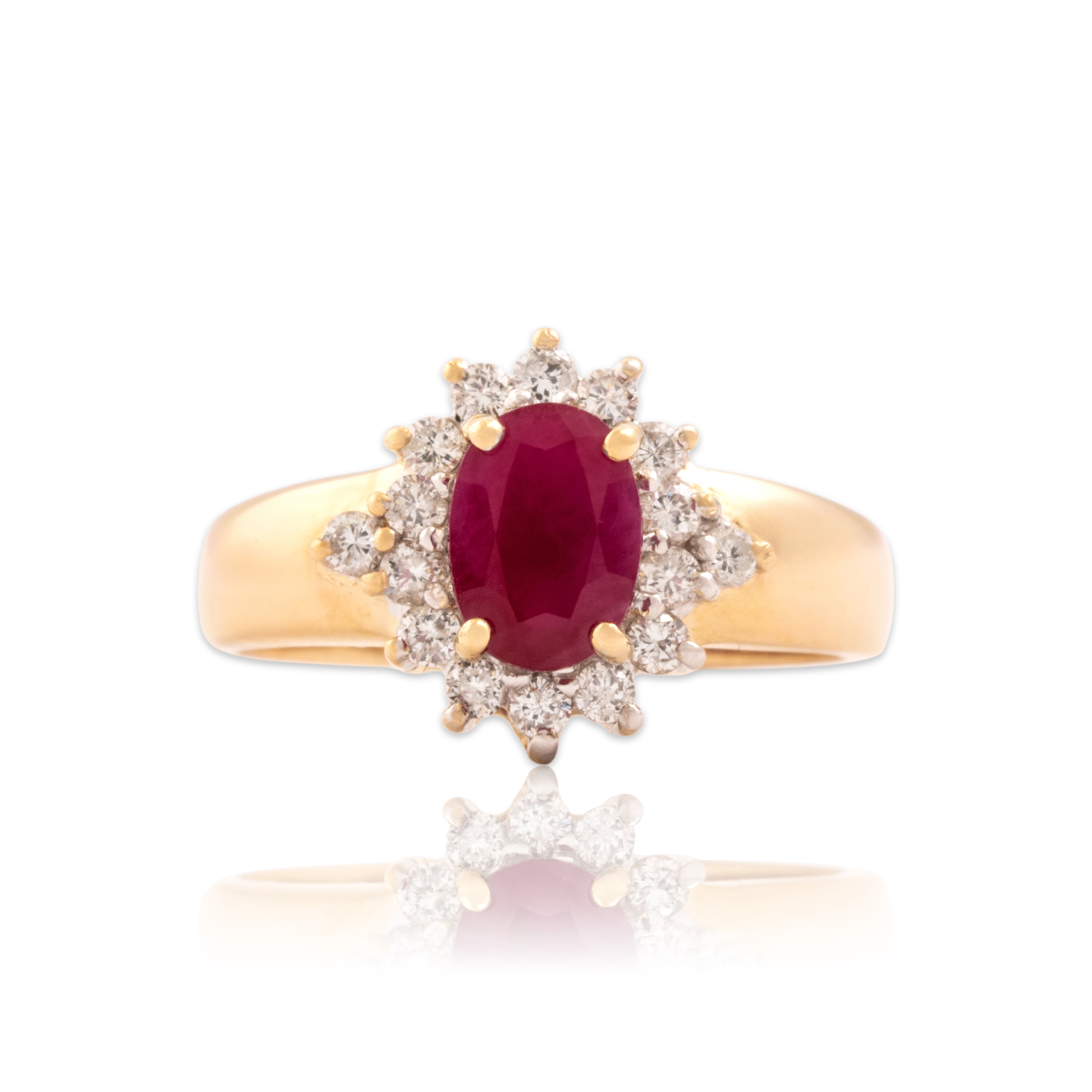 Vintage 14k Yellow Gold .93ct Ruby Diamond Dazzling Oval Halo Ring - Close-up view