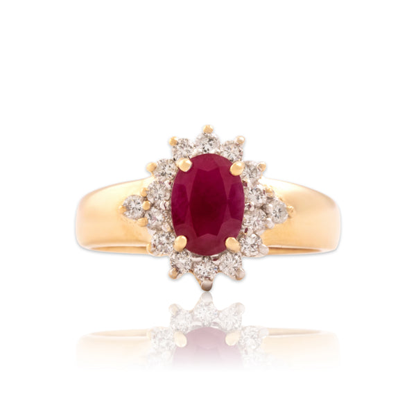 Vintage 14k Yellow Gold .93ct Ruby Diamond Dazzling Oval Halo Ring 5.50
