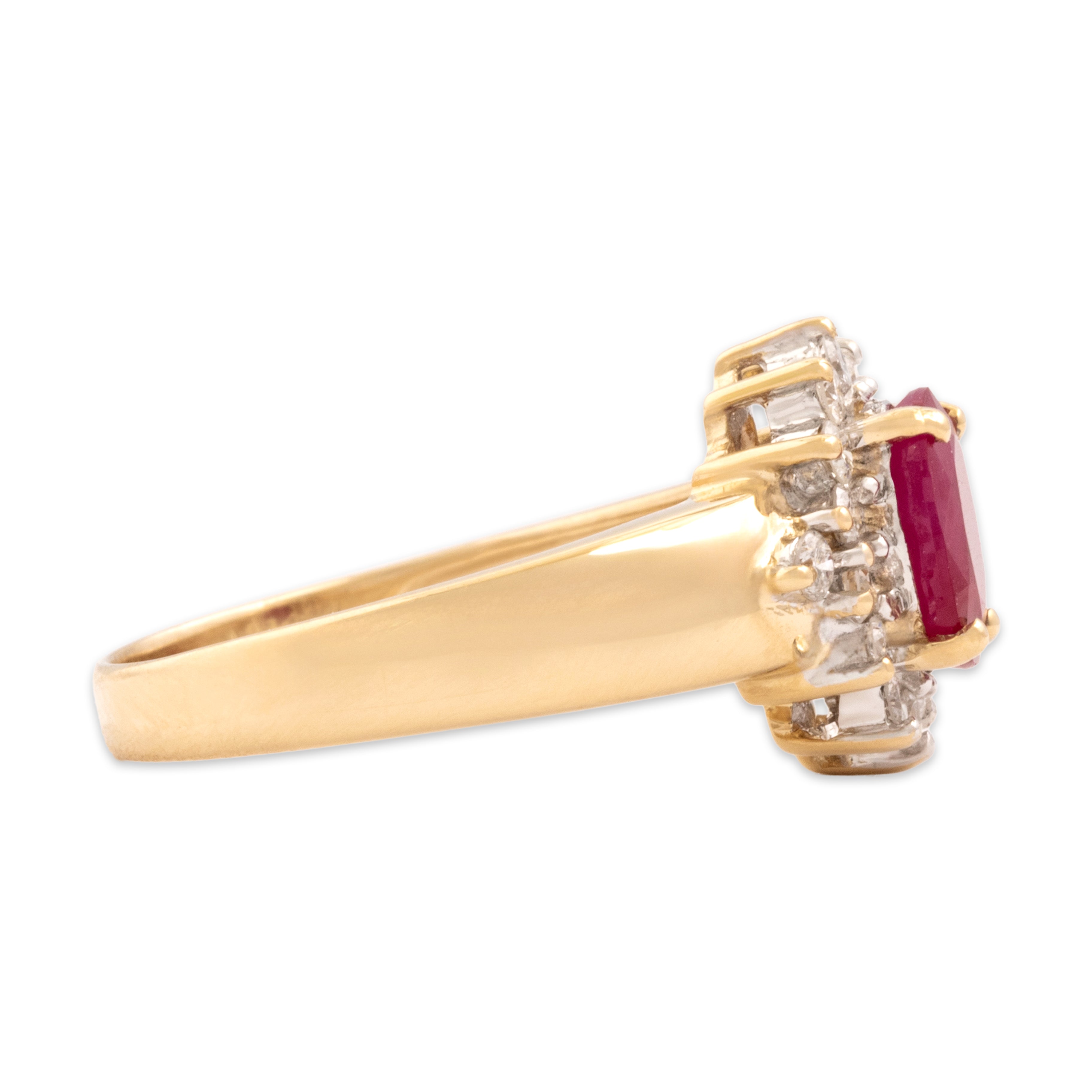 Vintage 14k Yellow Gold .93ct Ruby Diamond Dazzling Oval Halo Ring - Side view