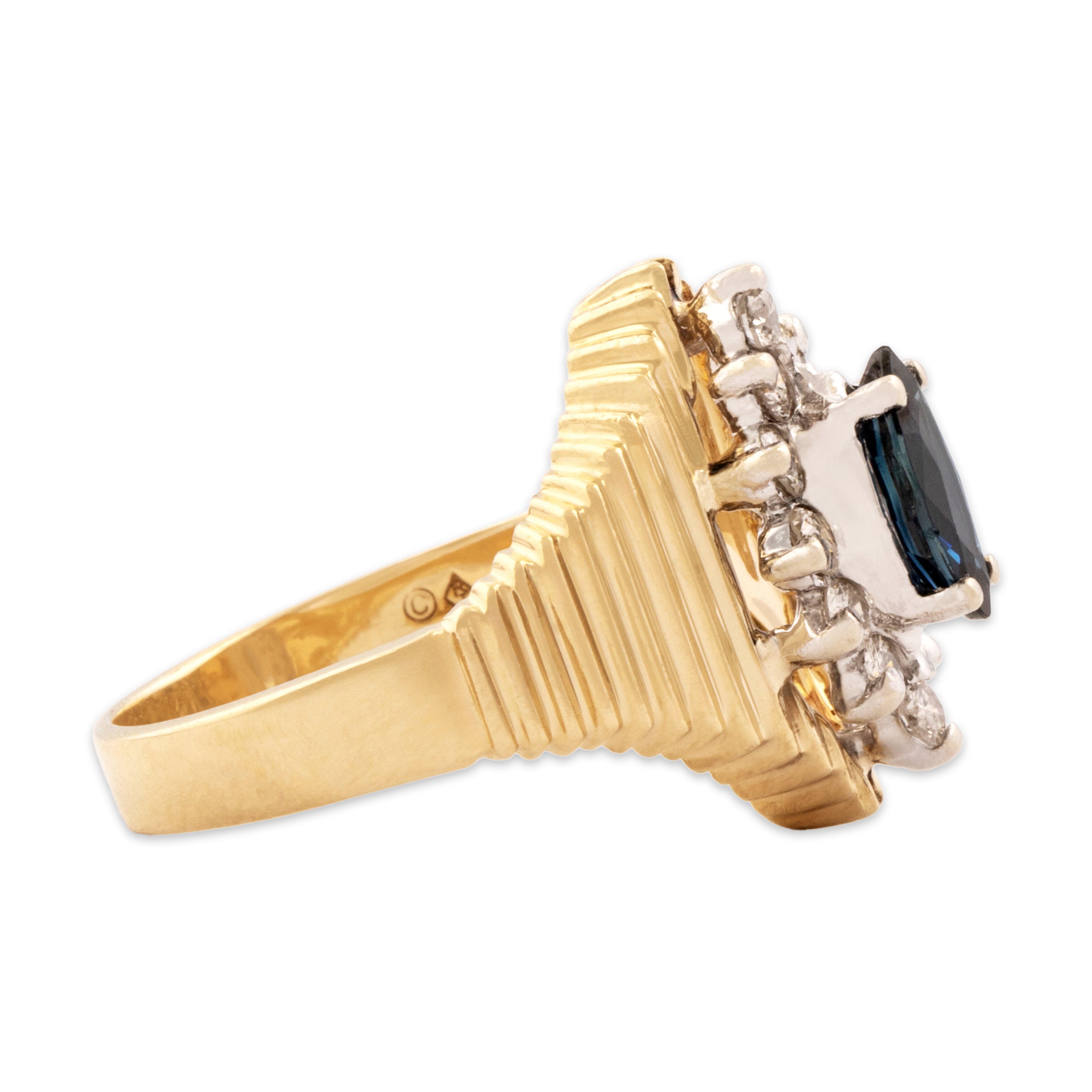 Vintage 14k Yellow Gold [Custom Carat] Sparkling Ribbed Shoulder Marquise Ring - Side view