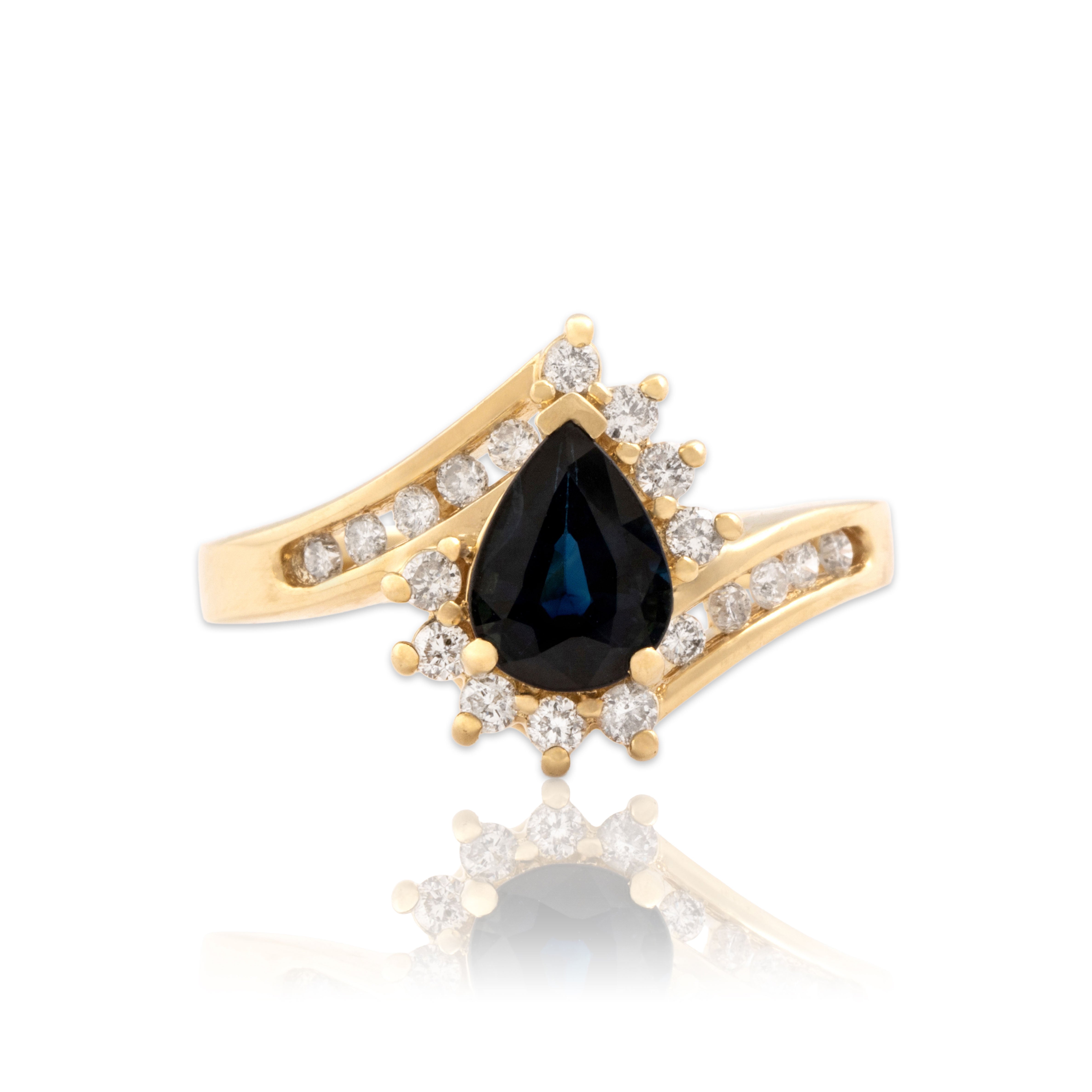 Vintage 14k Yellow Gold 1.49ct Dark Blue Sapphire Diamond Bypass Halo Ring 8.00