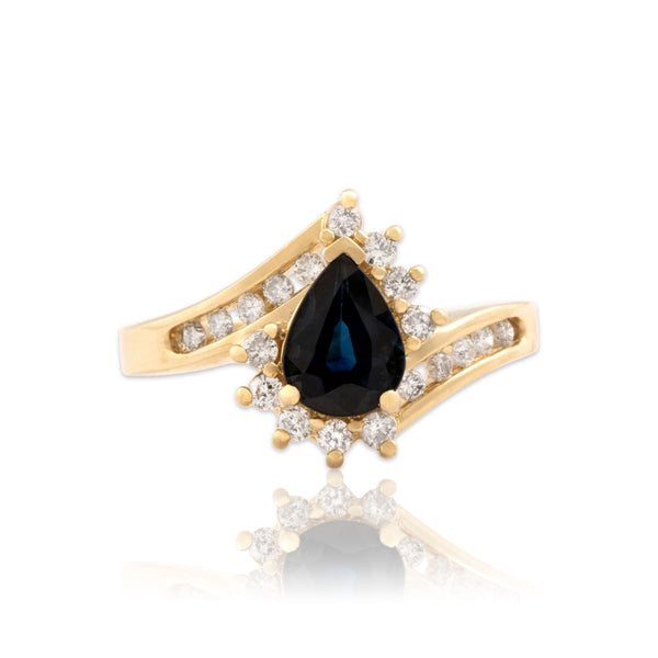 Vintage 14k Yellow Gold 1.49ct Dark Blue Sapphire Diamond Bypass Halo Ring 8.00