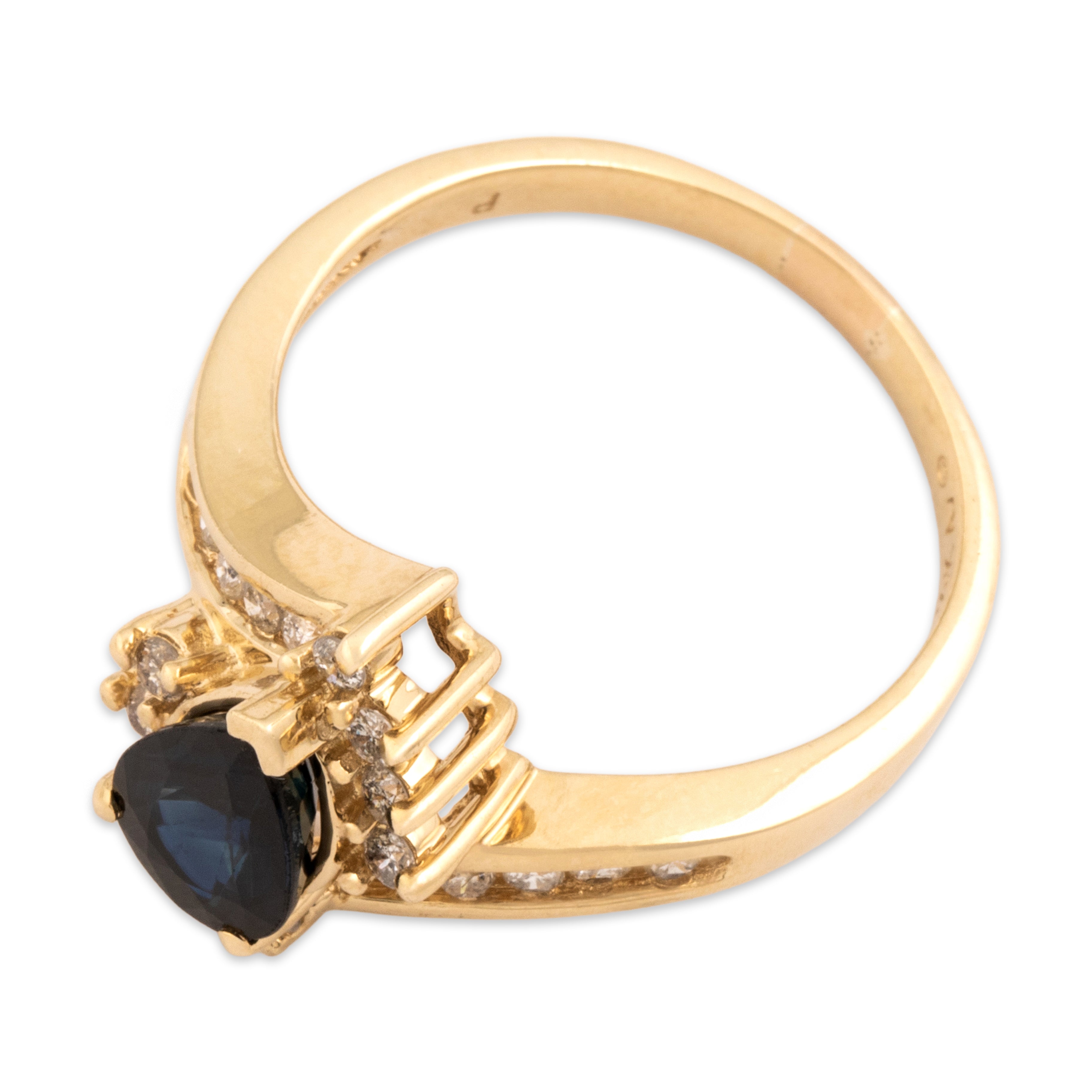 Vintage 14k Yellow Gold 1.49ct Dark Blue Sapphire Diamond Adorned Channel Set Bypass Halo Ring - Overall view