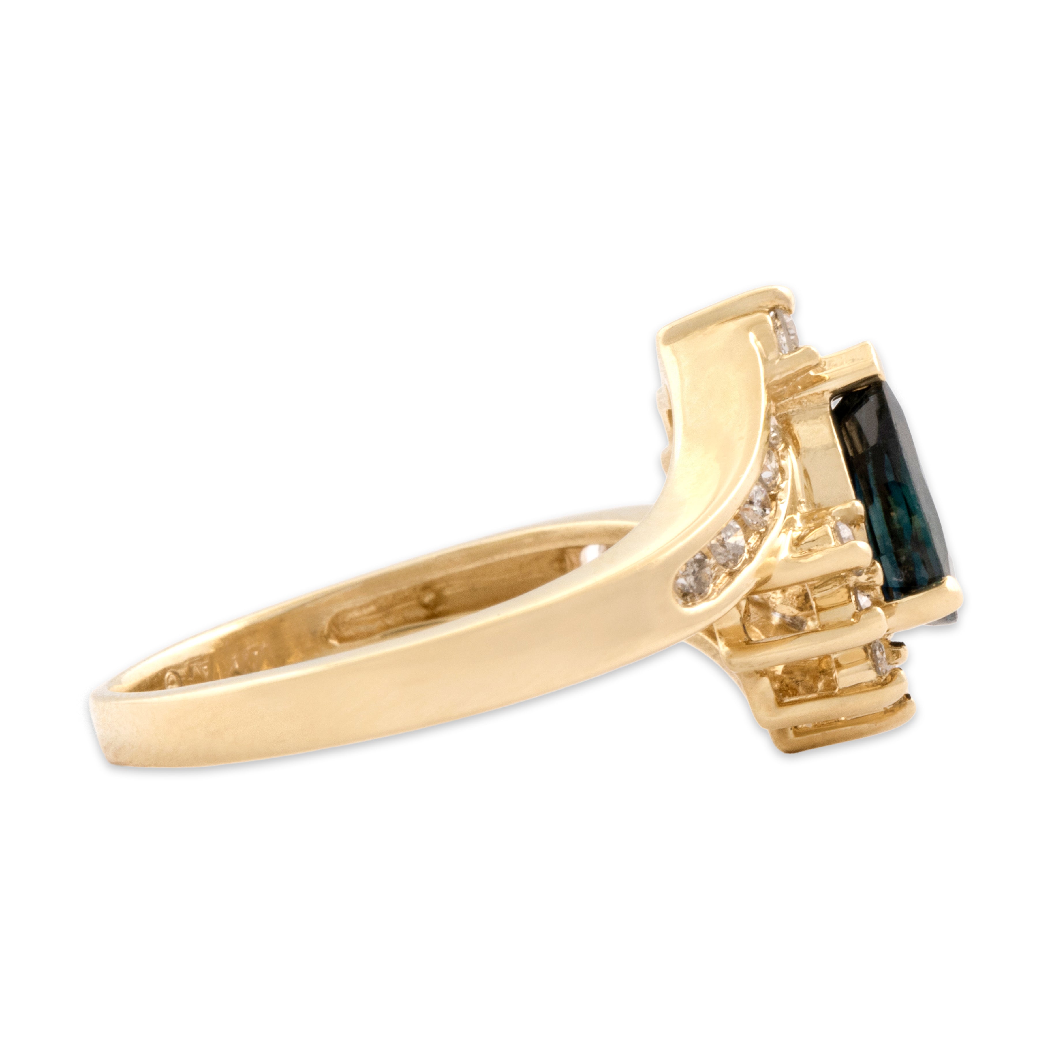 Vintage 14k Yellow Gold 1.49ct Dark Blue Sapphire Diamond Adorned Channel Set Bypass Halo Ring - Side view