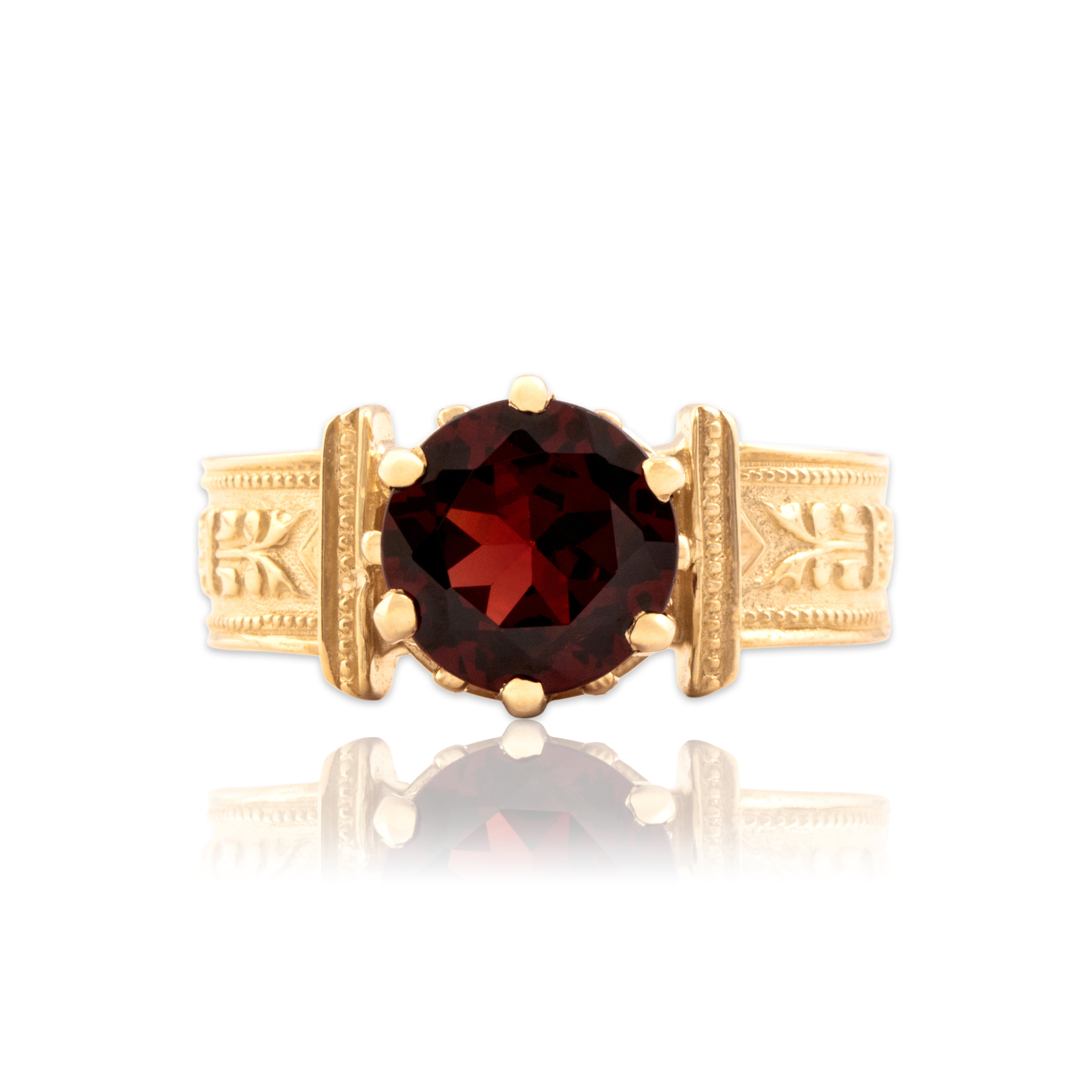 Vintage 14k Yellow Gold 1.91ct Garnet Geometric Accent Shoulder Ring - Close-up view