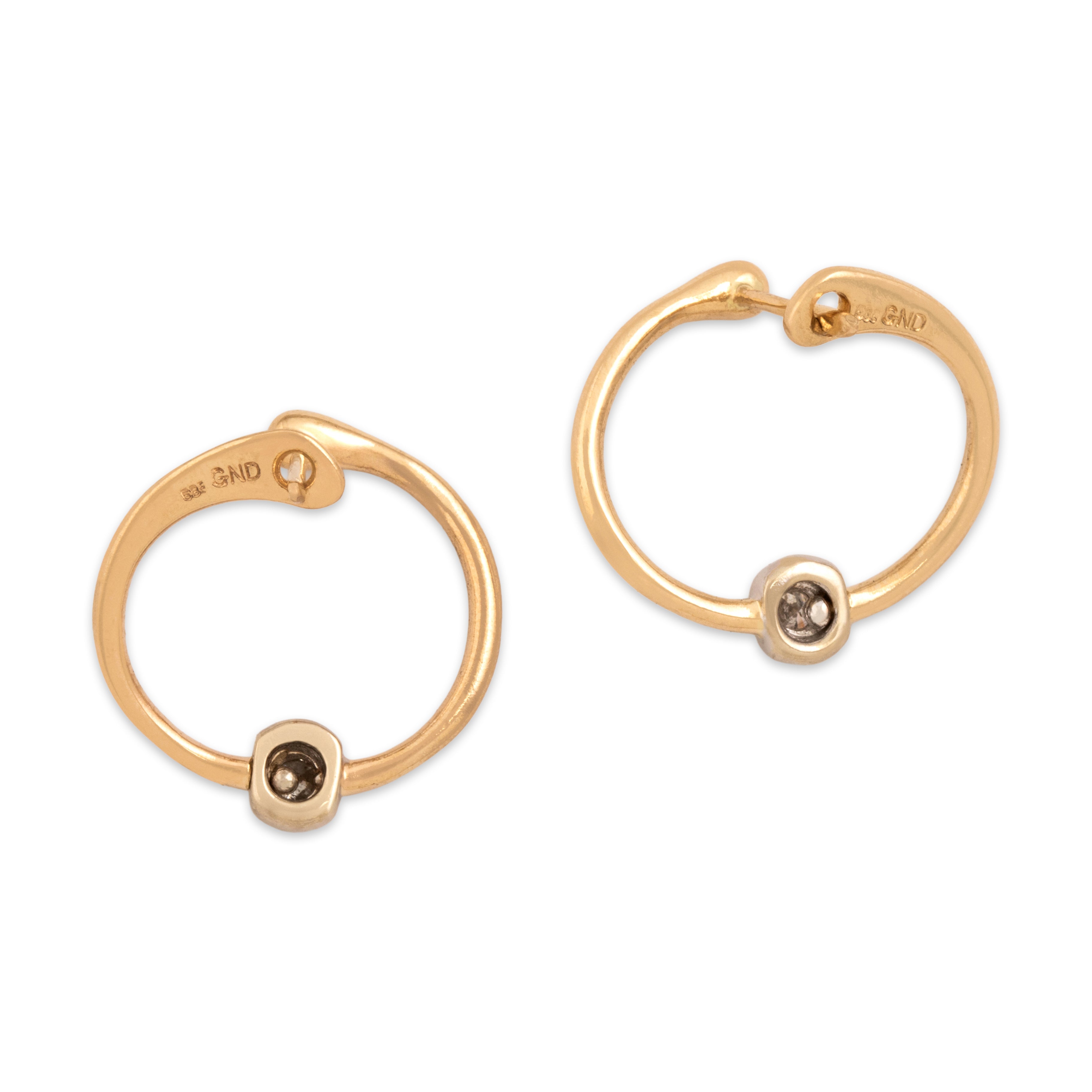 Vintage 14k Yellow & White Gold Diamond Hinged Bezel Huggie Hoop Earrings