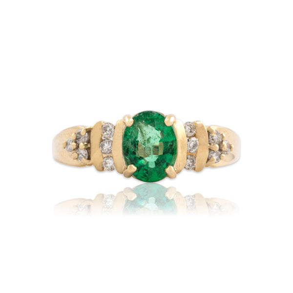 Vintage 14k Yellow Gold .89ct Emerald Diamond Vivid Channel Shoulder Ring 8.00