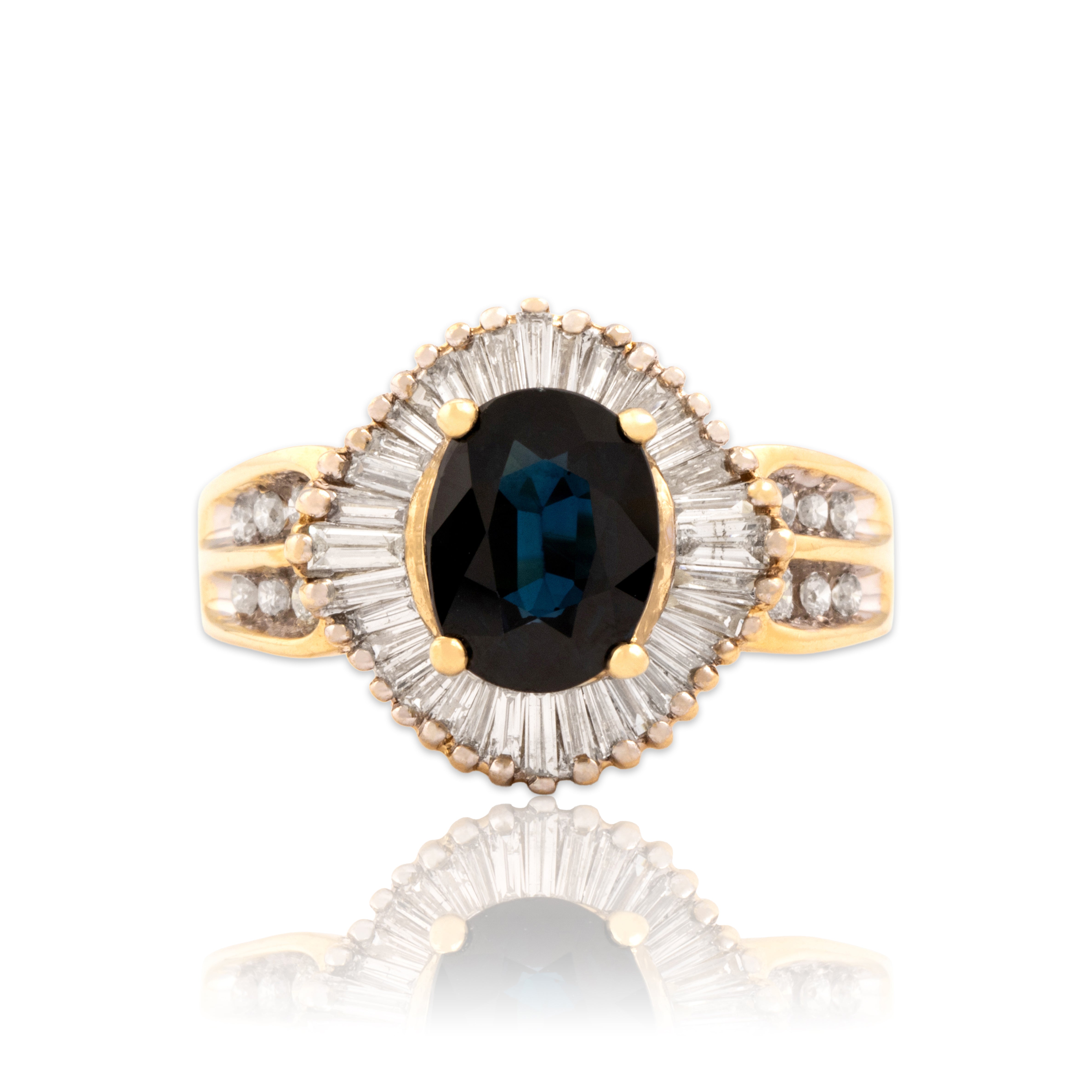 Vintage 14k Yellow Gold 1.83ct Dark Blue Sapphire .73cttw Diamond Halo Ring 7.00