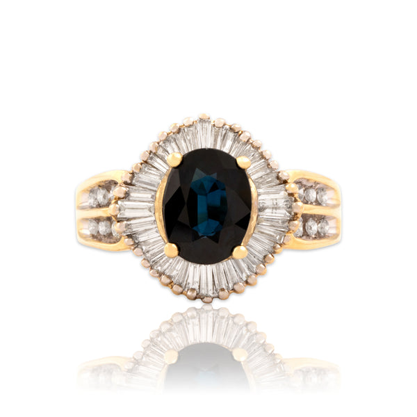 Vintage 14k Yellow Gold 1.83ct Dark Blue Sapphire .73cttw Diamond Halo Ring 7.00