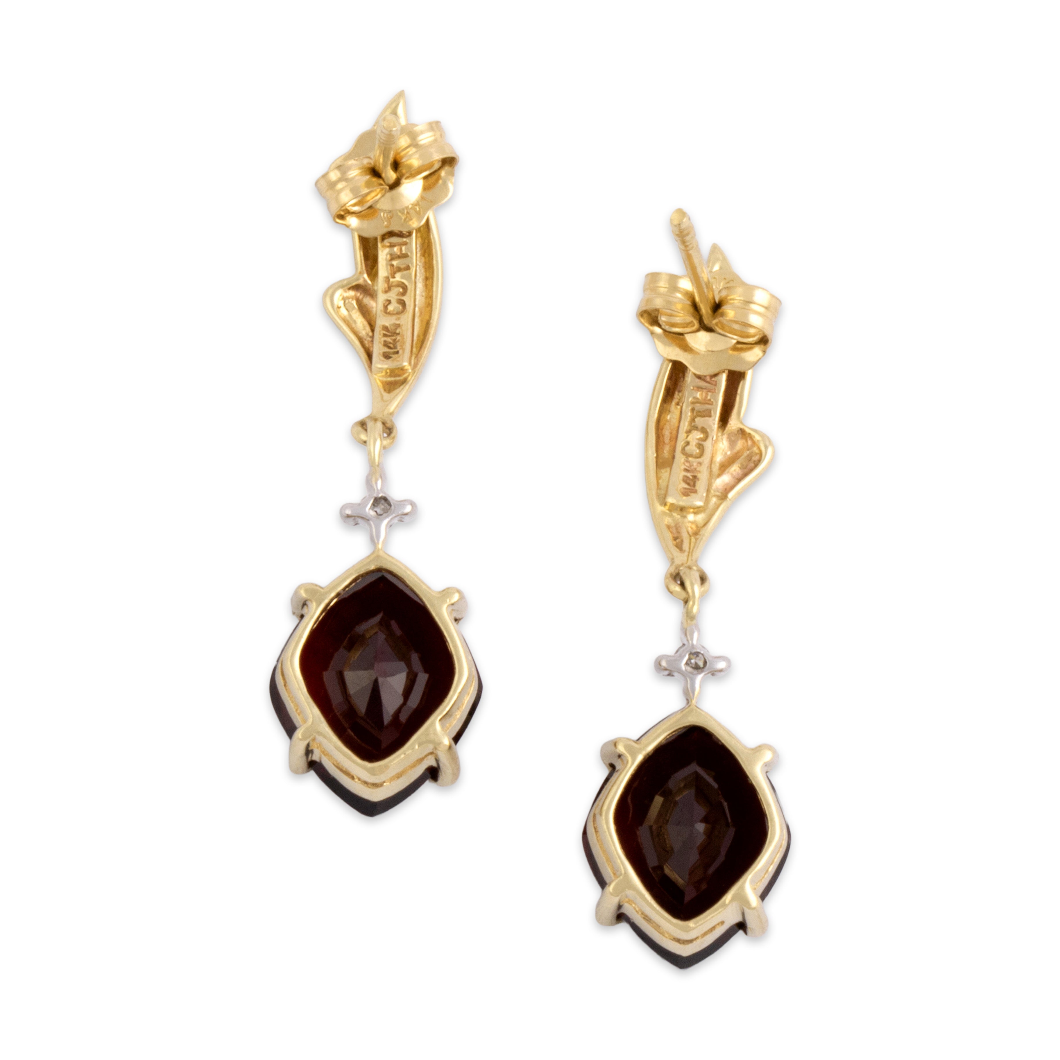 Vintage 14k Yellow Gold 3.7cttw Garnet Diamond Elegant Flourish Accent Earrings