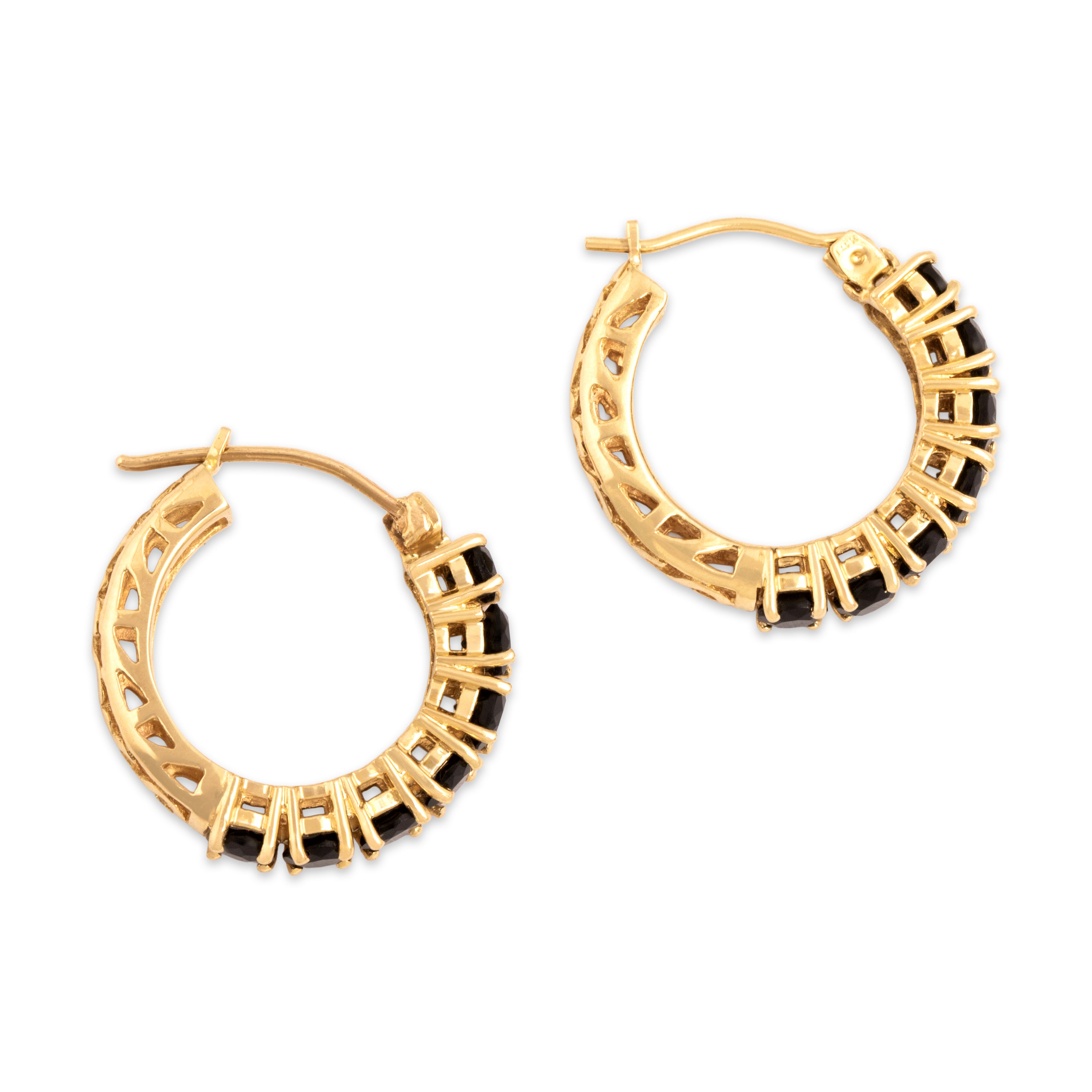 Vintage 14k Yellow Gold 1.24cttw Onyx Embellished Openwork Filigree Hoop Earrings - Side view
