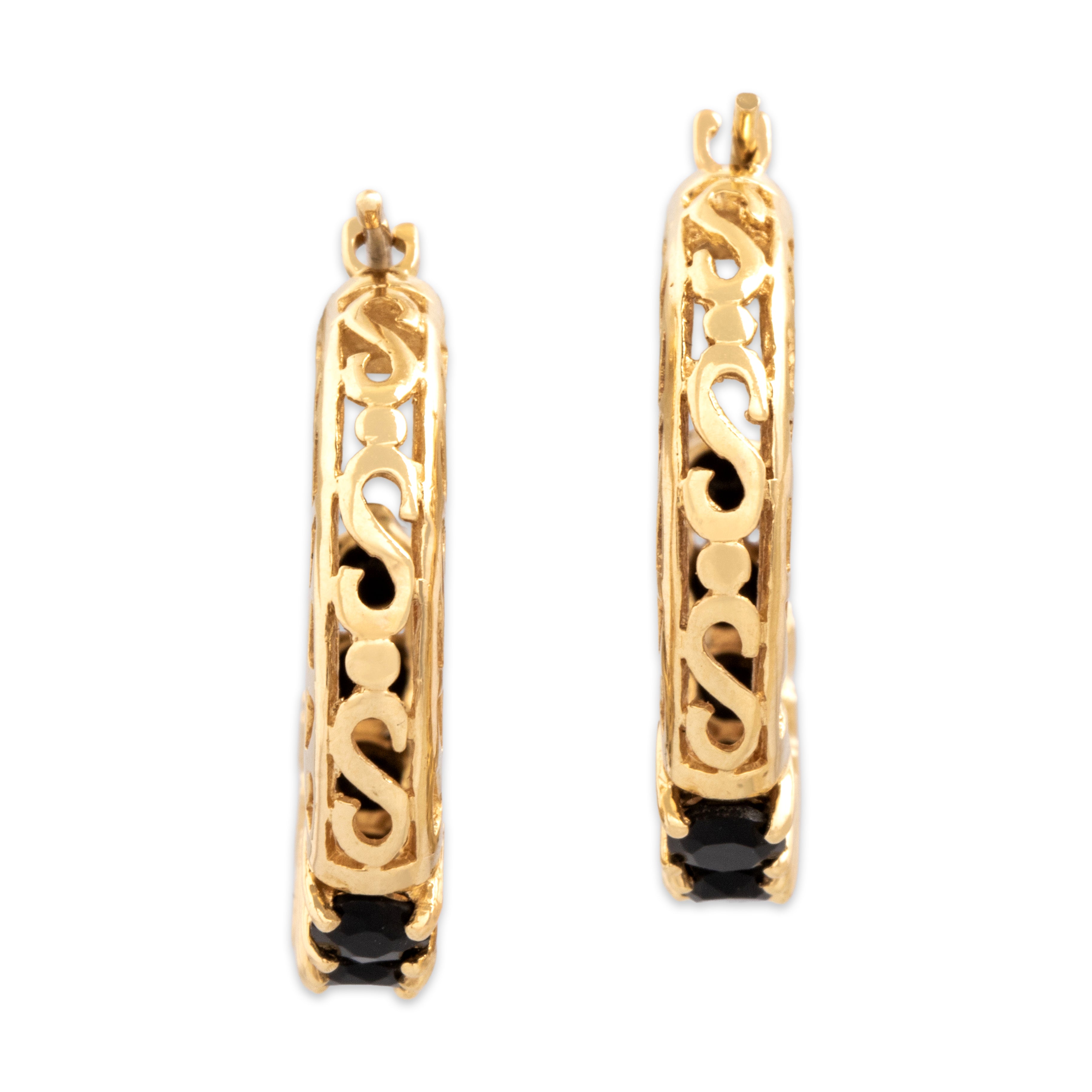 Vintage 14k Yellow Gold 1.24cttw Onyx Embellished Openwork Filigree Hoop Earrings - Back view