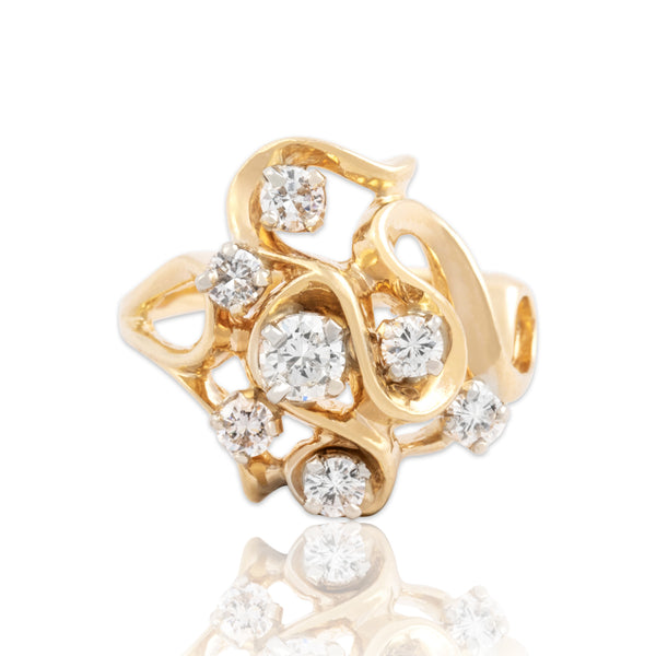 Vintage 14k Yellow Gold .67cttw Diamond Dazzling Freeform Ribbon Ring - Close-up view