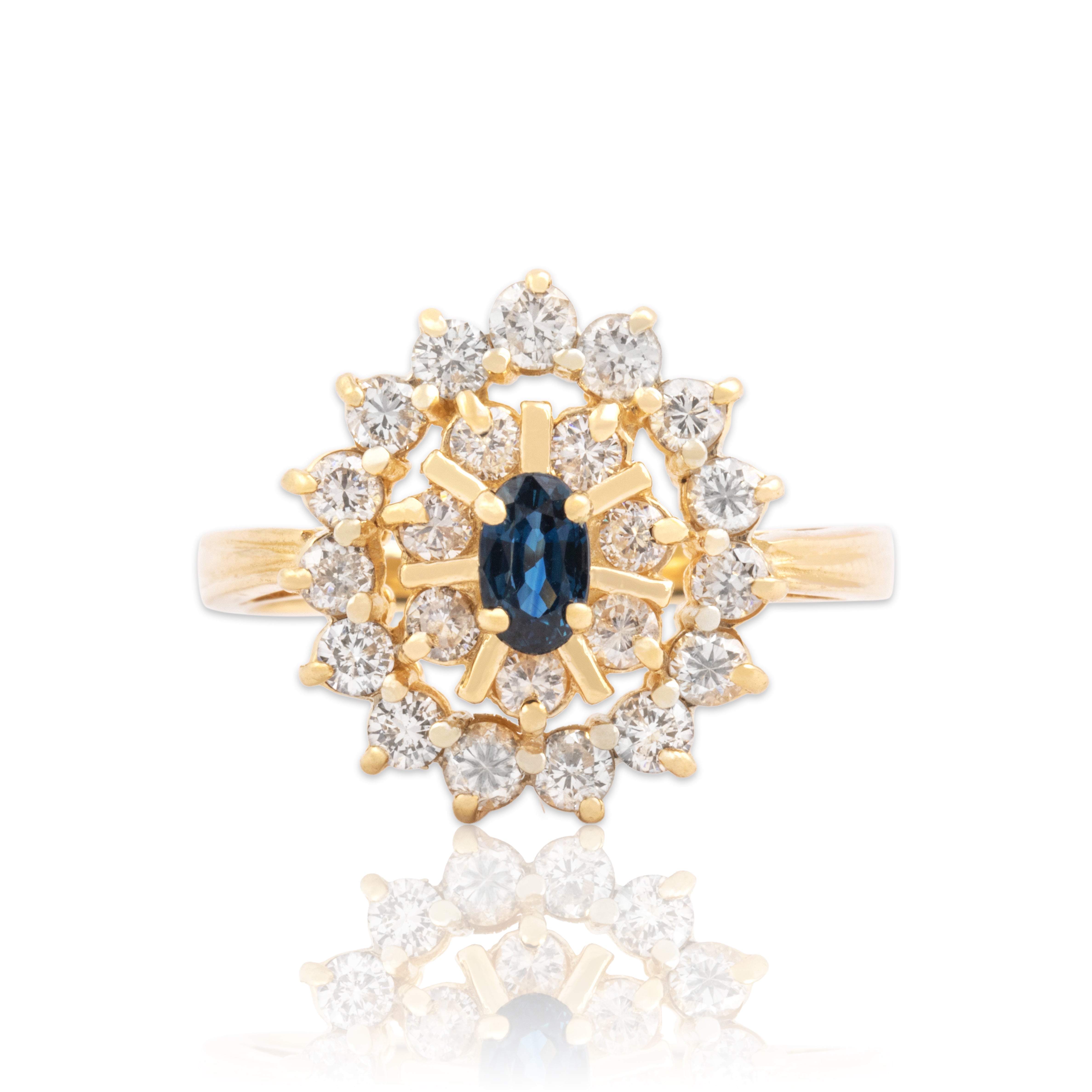 Vintage 14k Yellow Gold .69cttw Diamond Blue Sapphire Dazzling Orbital Halo Ring - Close-up view