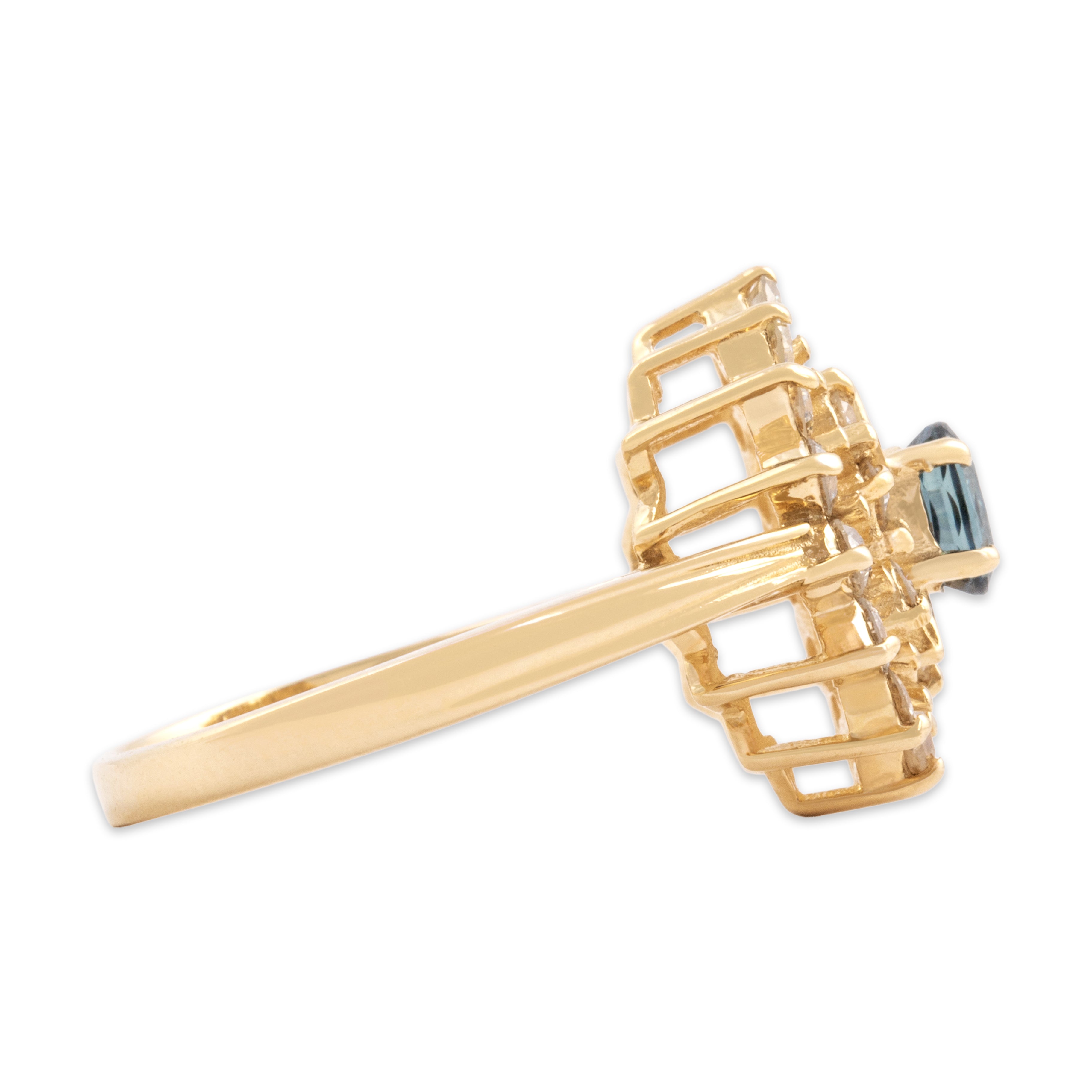 Vintage 14k Yellow Gold .69cttw Diamond Blue Sapphire Dazzling Orbital Halo Ring - Side view