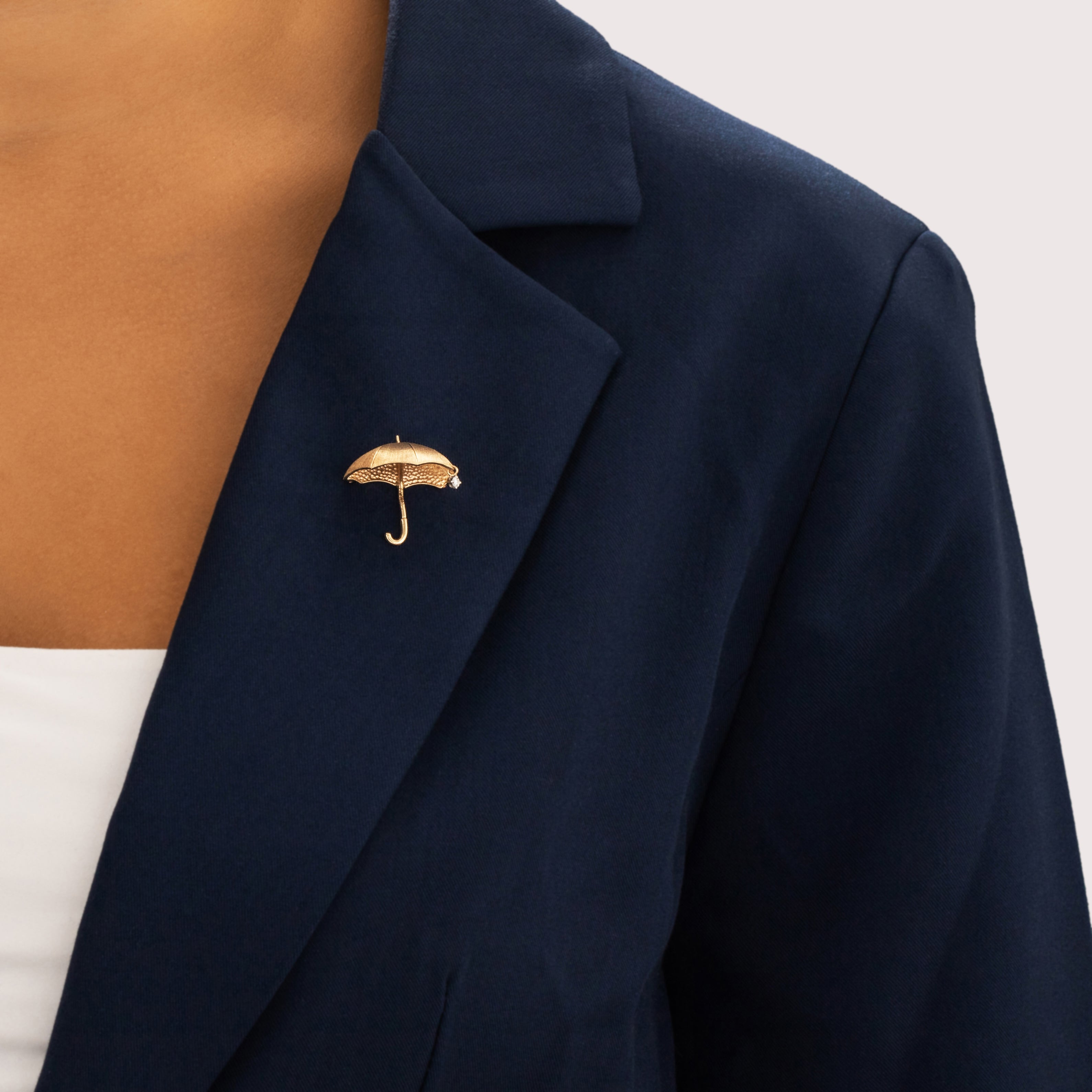 Vintage Larter & Sons 14k Yellow & White Gold Diamond Whimsical Sparkling Raindrop Umbrella Brooch / Pin - On model view