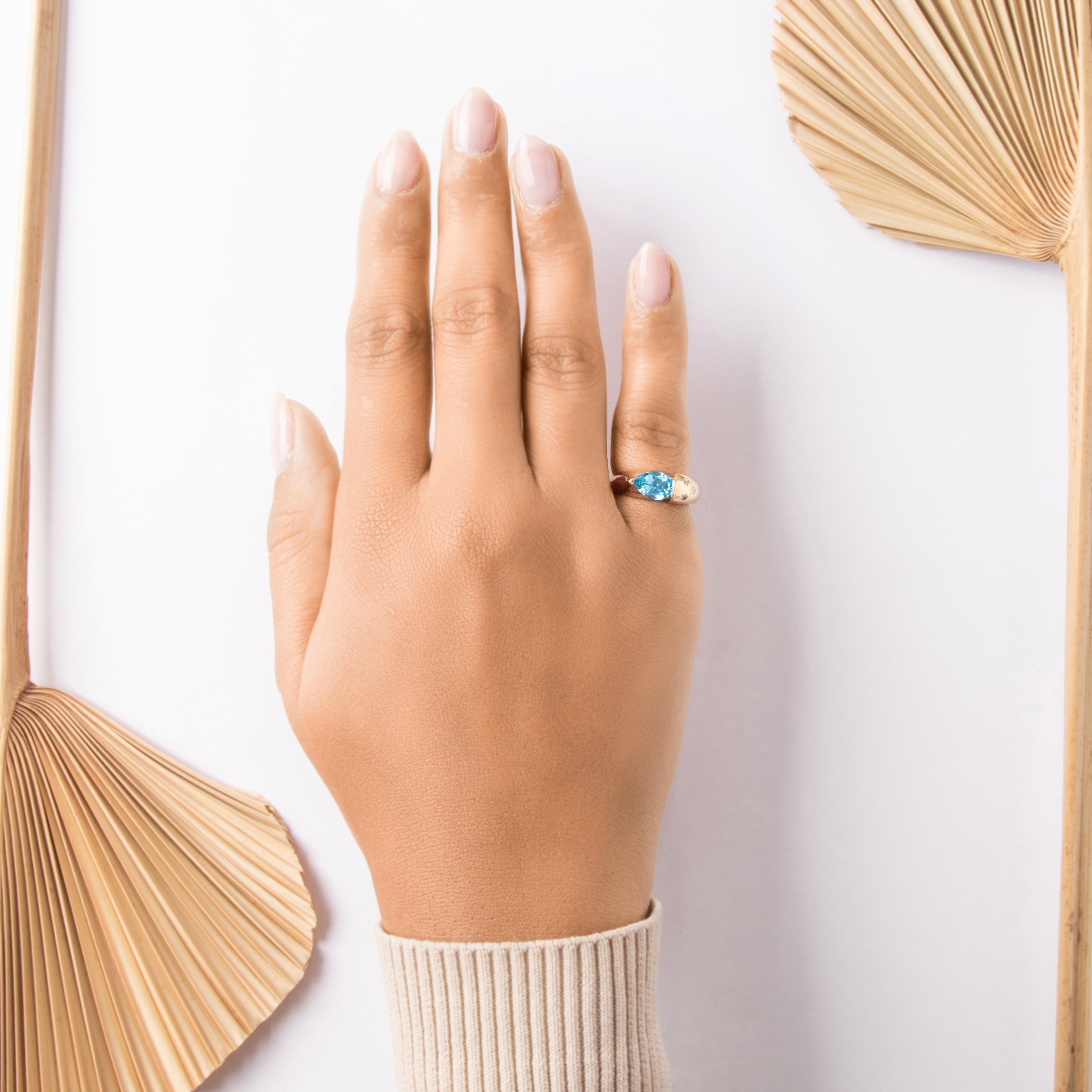Vintage 14k Yellow Gold 1.36ct Blue Topaz Diamond Funky Accented East-West Pear Ring - On model view
