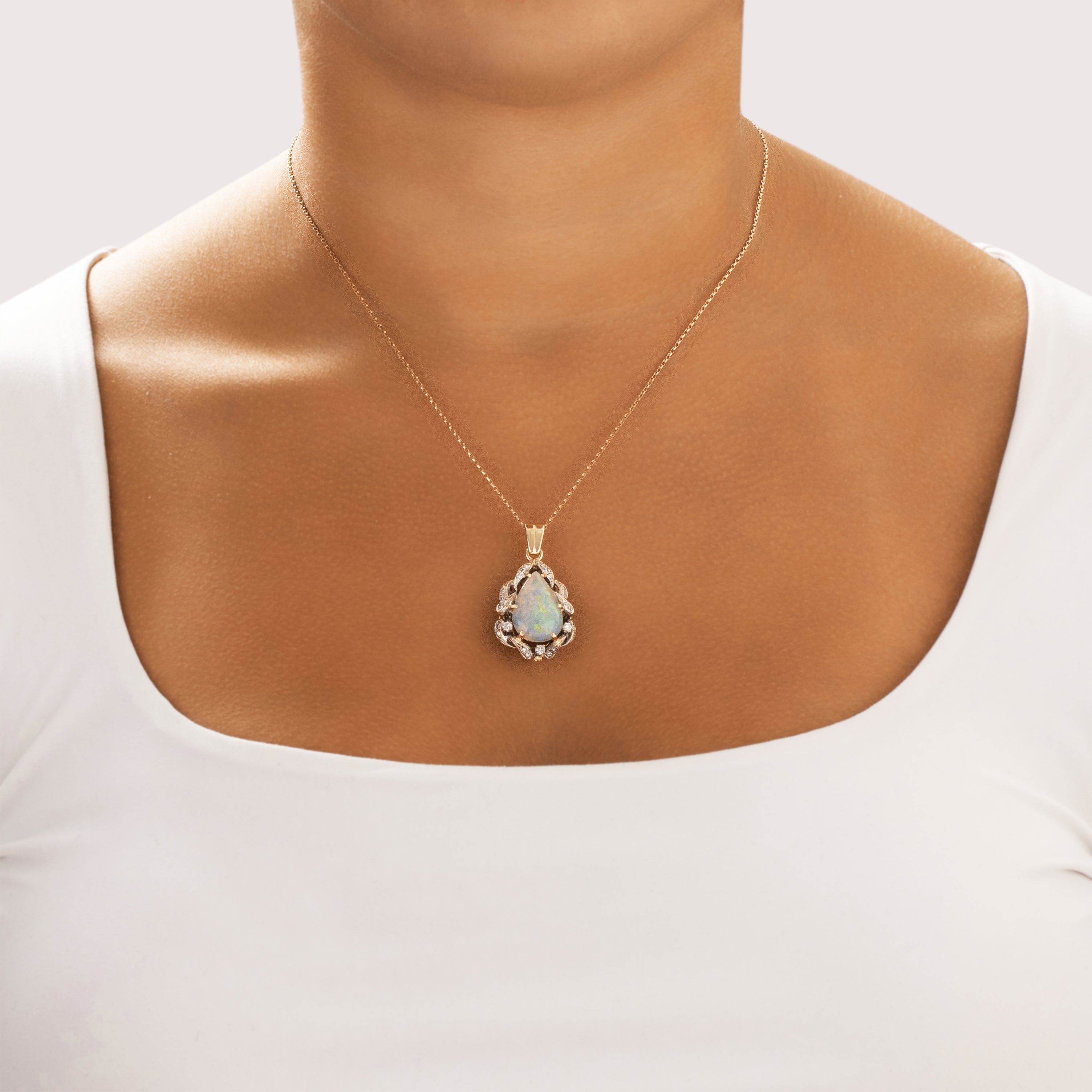 Vintage 14k Yellow & White Gold 4.94ct Opal Diamond Ornate Paisley Motif Halo Pendant - On model view
