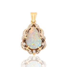 Vintage 14k Yellow & White Gold 4.94ct Opal Diamond Paisley Motif Halo Pendant