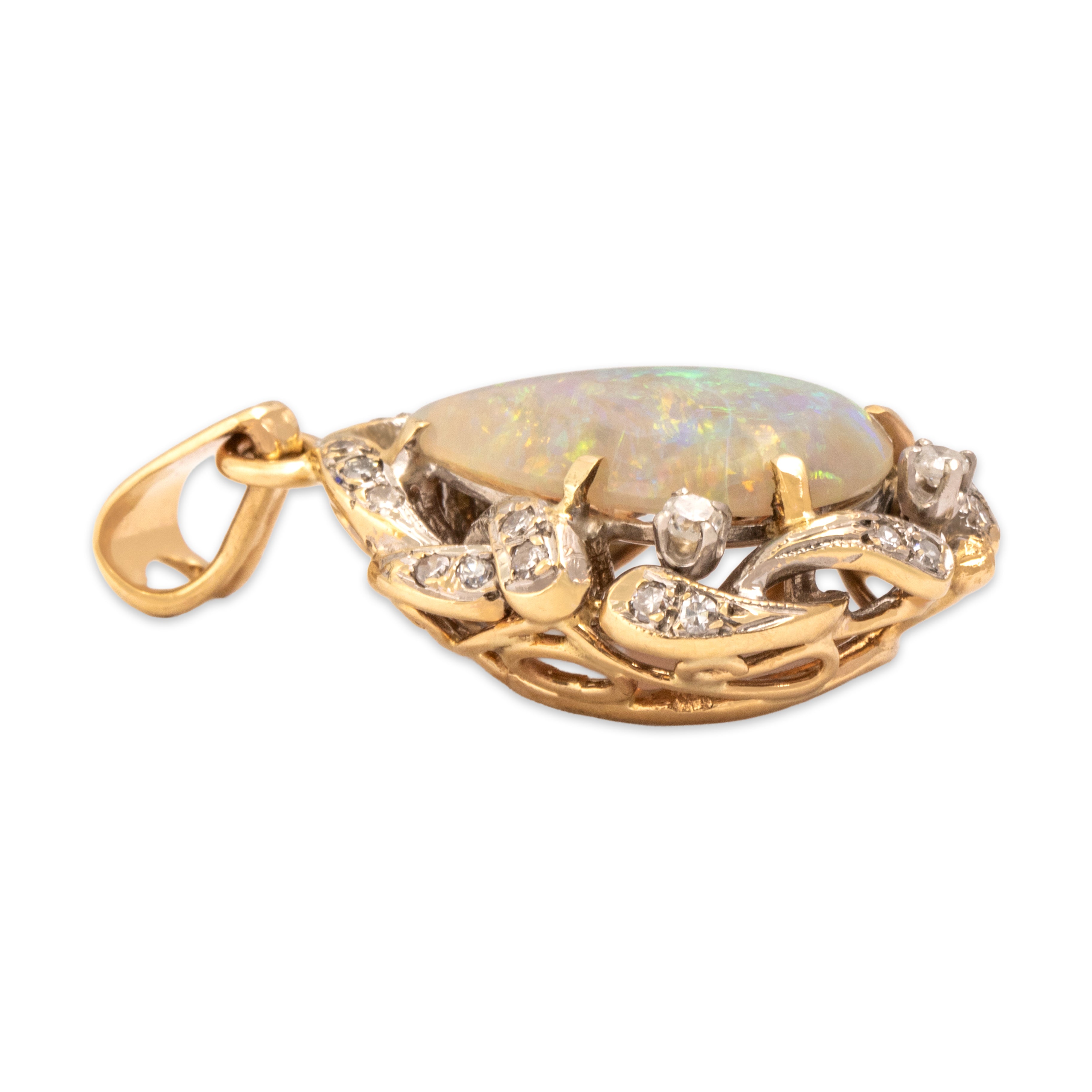 Vintage 14k Yellow & White Gold 4.94ct Opal Diamond Ornate Paisley Motif Halo Pendant - Side view