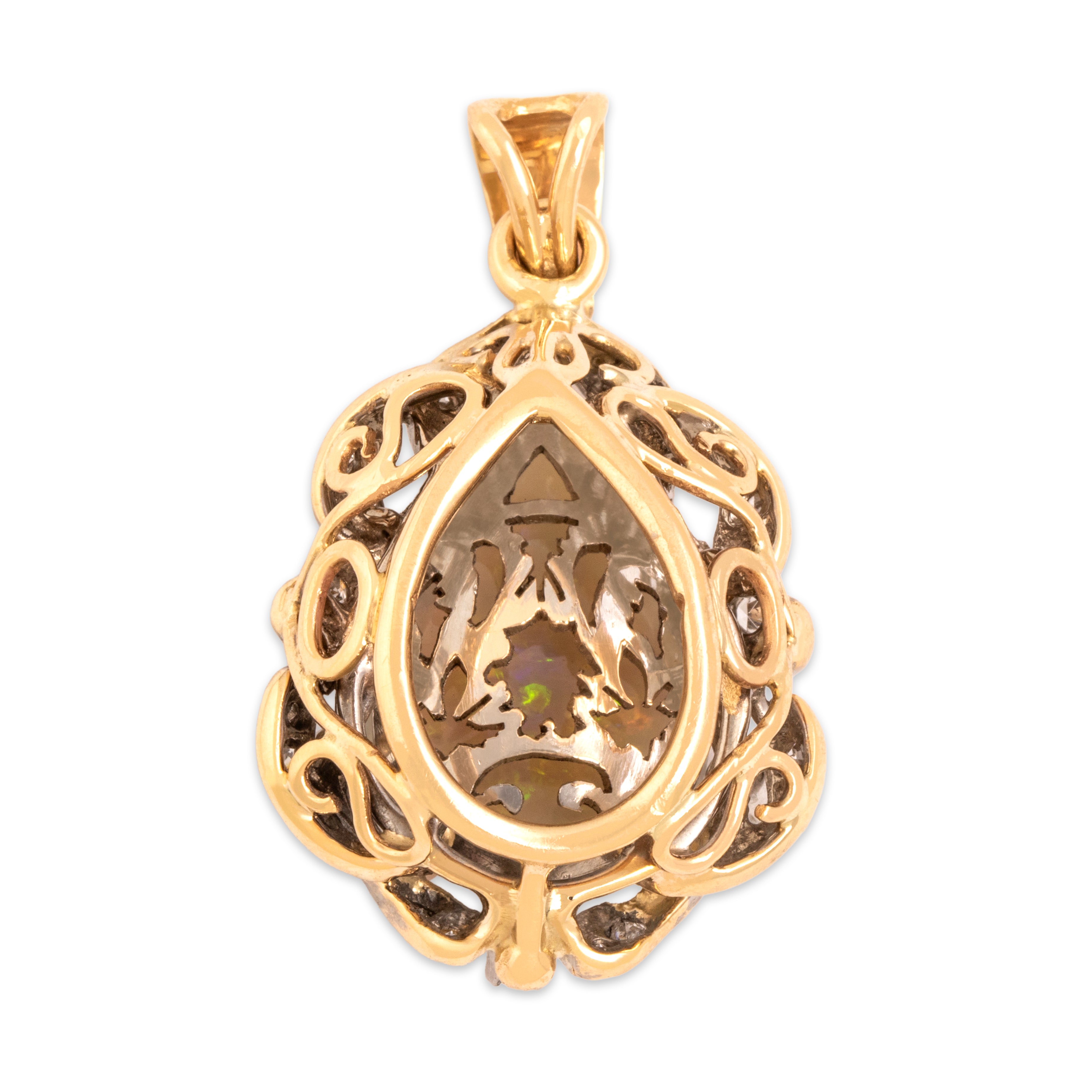 Vintage 14k Yellow & White Gold 4.94ct Opal Diamond Ornate Paisley Motif Halo Pendant - Back view