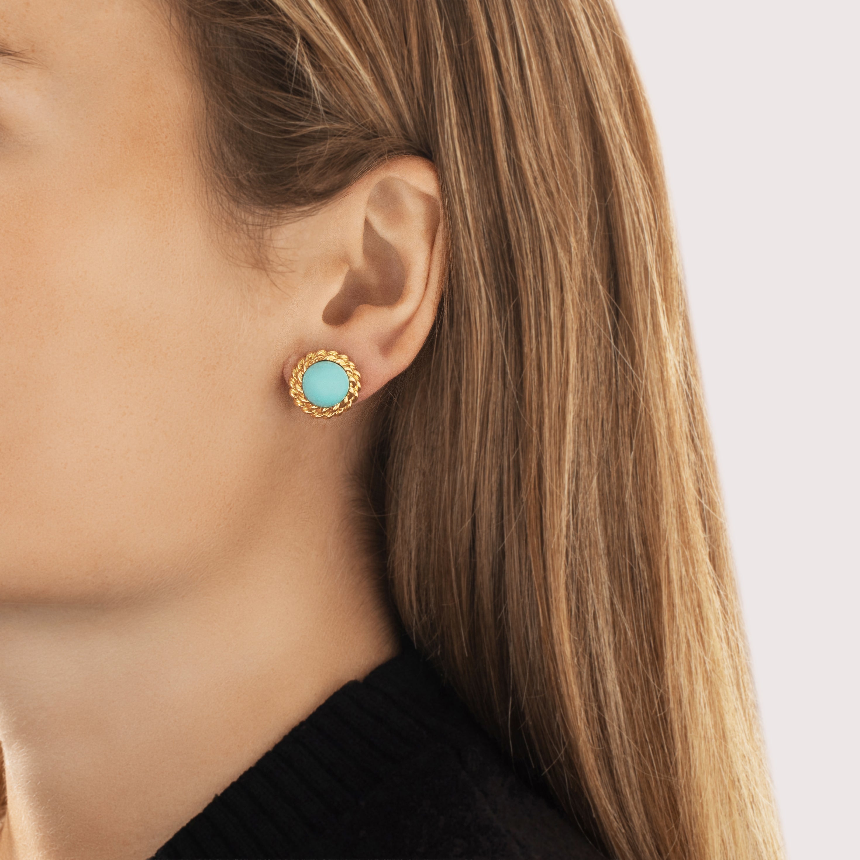 Vintage 18k & 14k Yellow Gold 12.07cttw Robin's Egg Blue Turquoise Striking Rope-Framed Cabochon Omega-Back Earrings - On model view