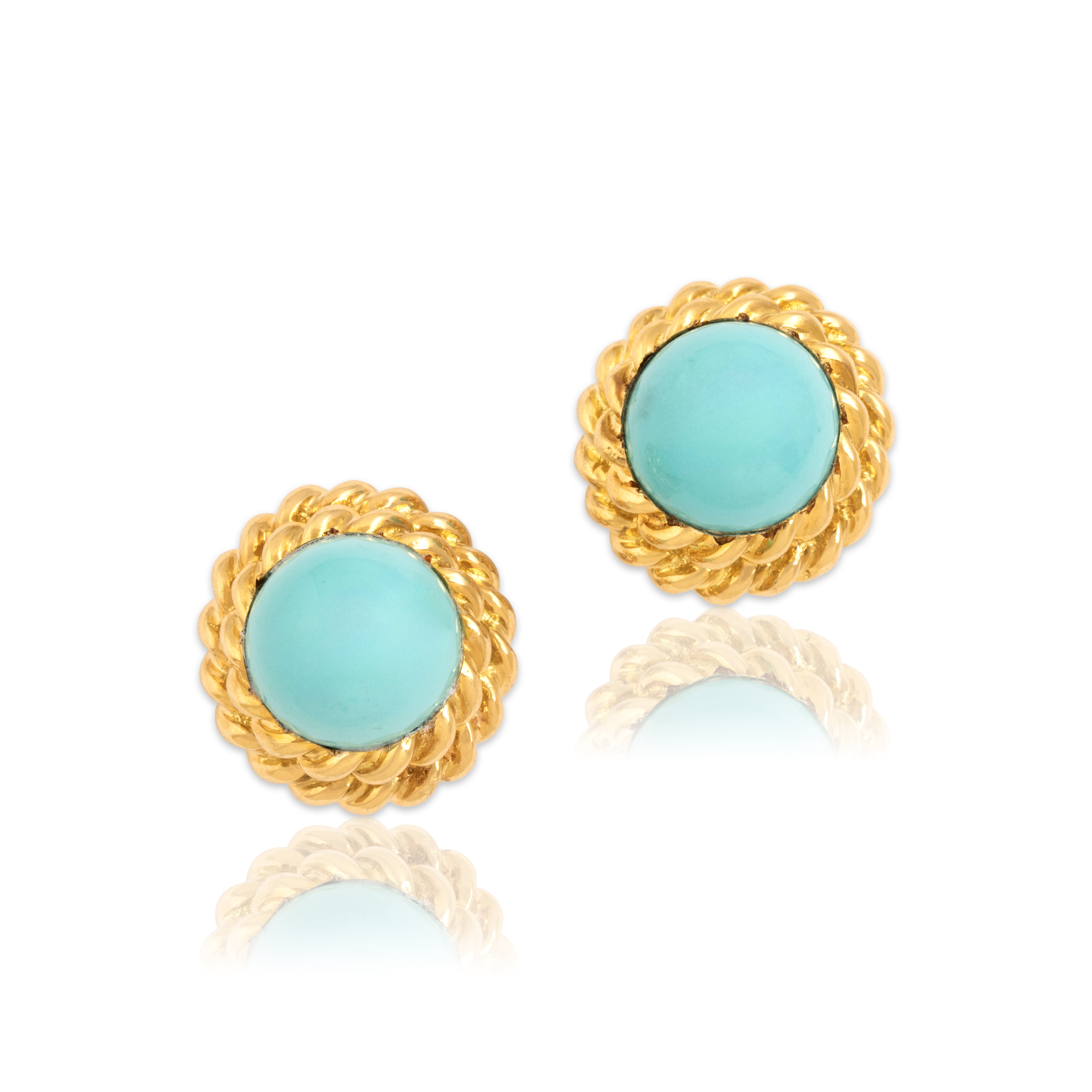 Vintage 18k & 14k Yellow Gold 12.07cttw Robin's Egg Blue Turquoise Striking Rope-Framed Cabochon Omega-Back Earrings - Close-up view