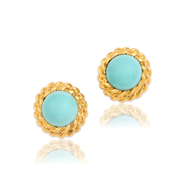 Vintage 18k & 14k Yellow Gold 12.07cttw Robin's Egg Blue Turquoise Omega-Back Earrings