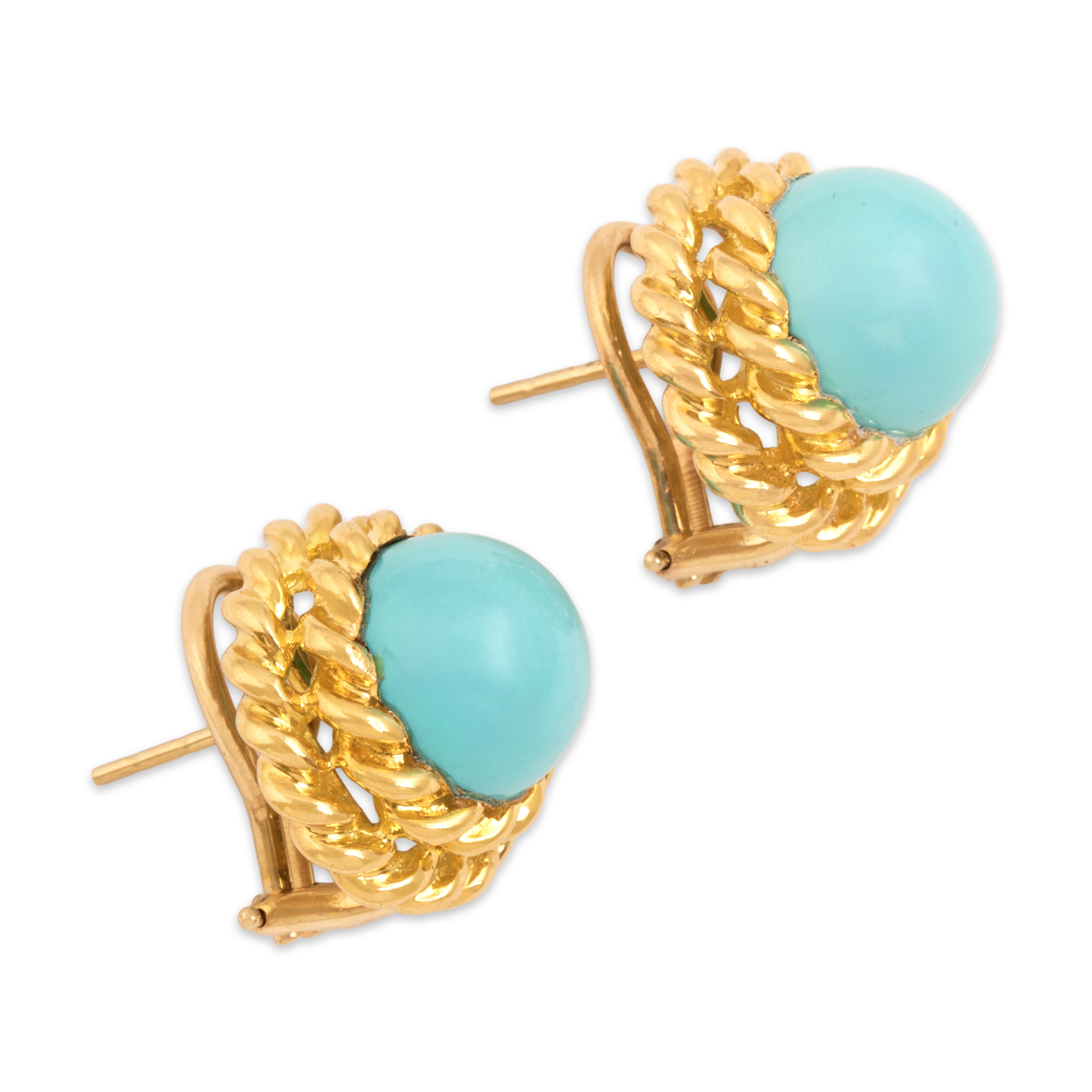 Vintage 18k & 14k Yellow Gold 12.07cttw Robin's Egg Blue Turquoise Striking Rope-Framed Cabochon Omega-Back Earrings - Side view