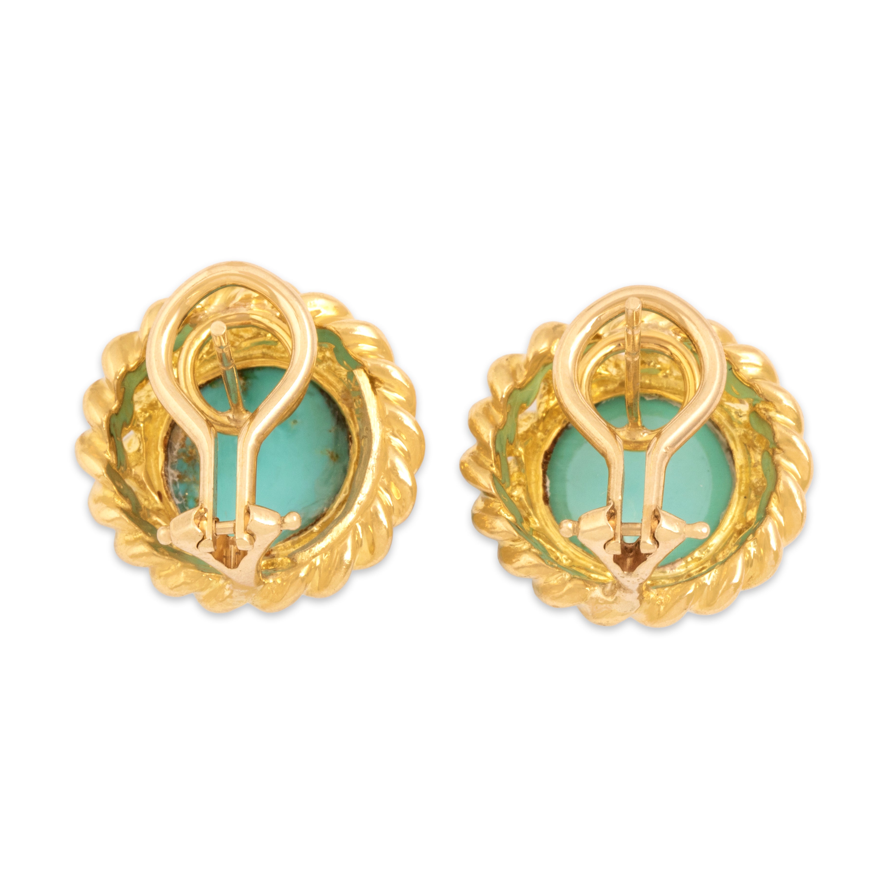 Vintage 18k & 14k Yellow Gold 12.07cttw Robin's Egg Blue Turquoise Striking Rope-Framed Cabochon Omega-Back Earrings - Back view
