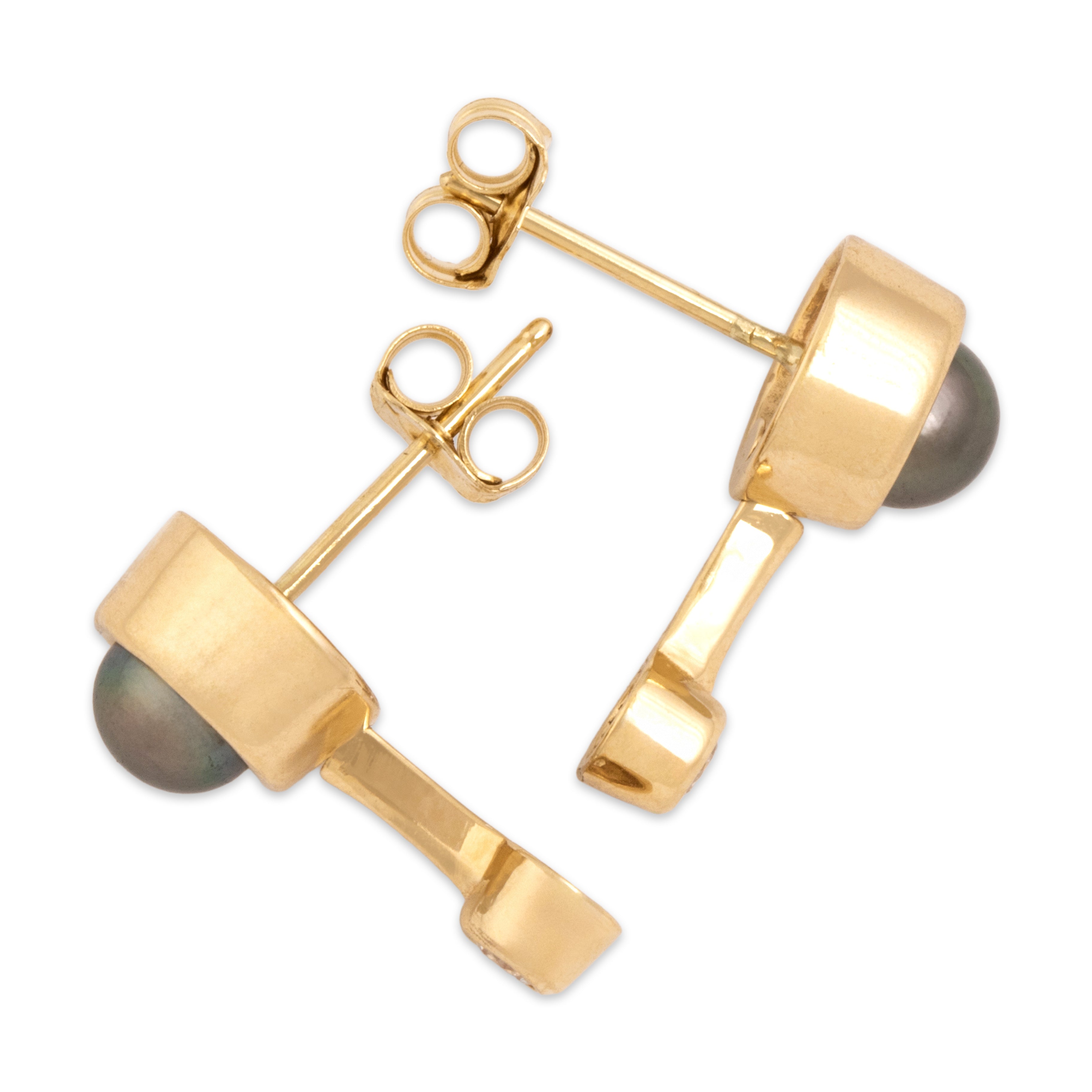 Vintage 14k Yellow Gold Black Pearl Diamond Modern Sleek Drop Stud Dangle Earrings - Side view
