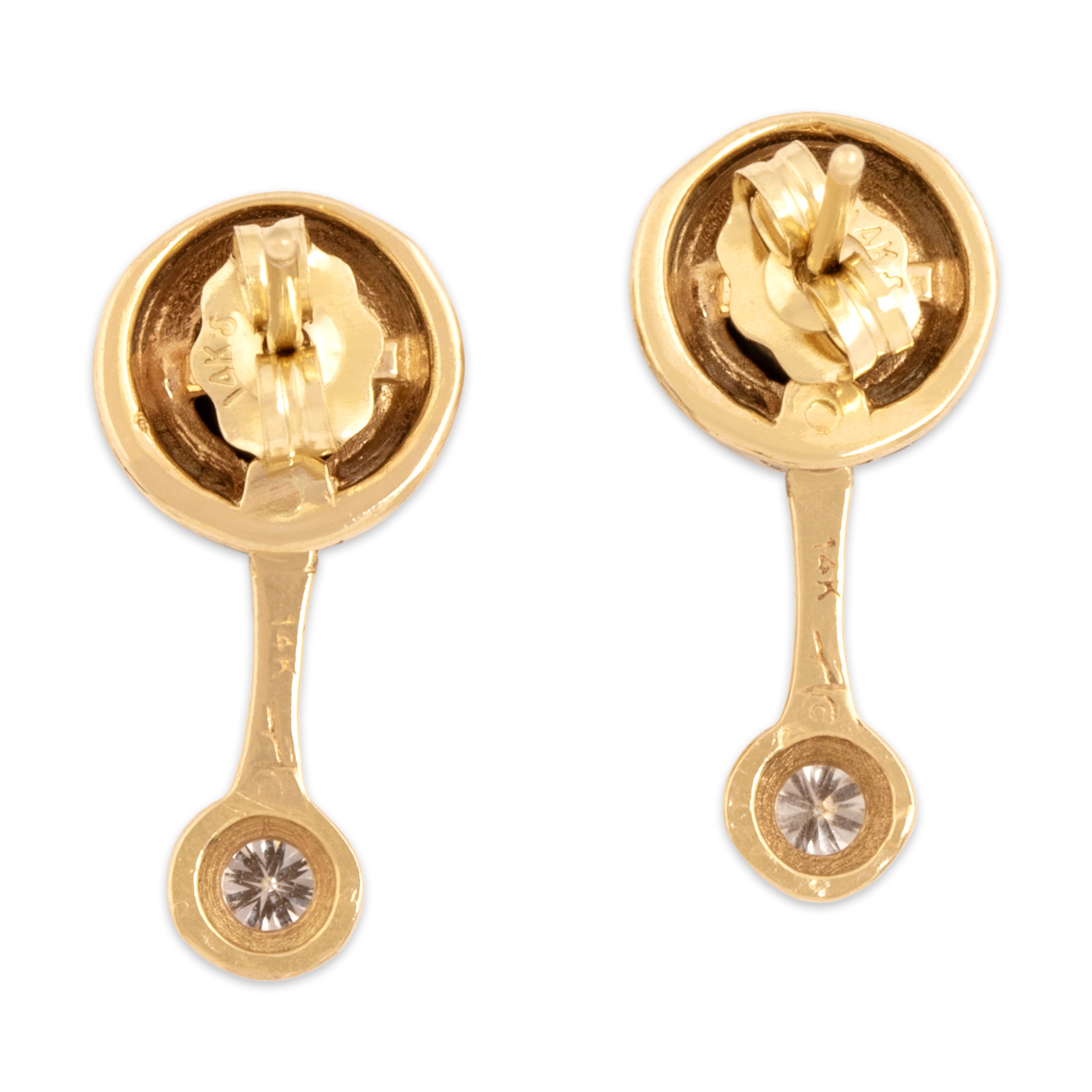 Vintage 14k Yellow Gold Black Pearl Diamond Modern Sleek Drop Stud Dangle Earrings - Back view
