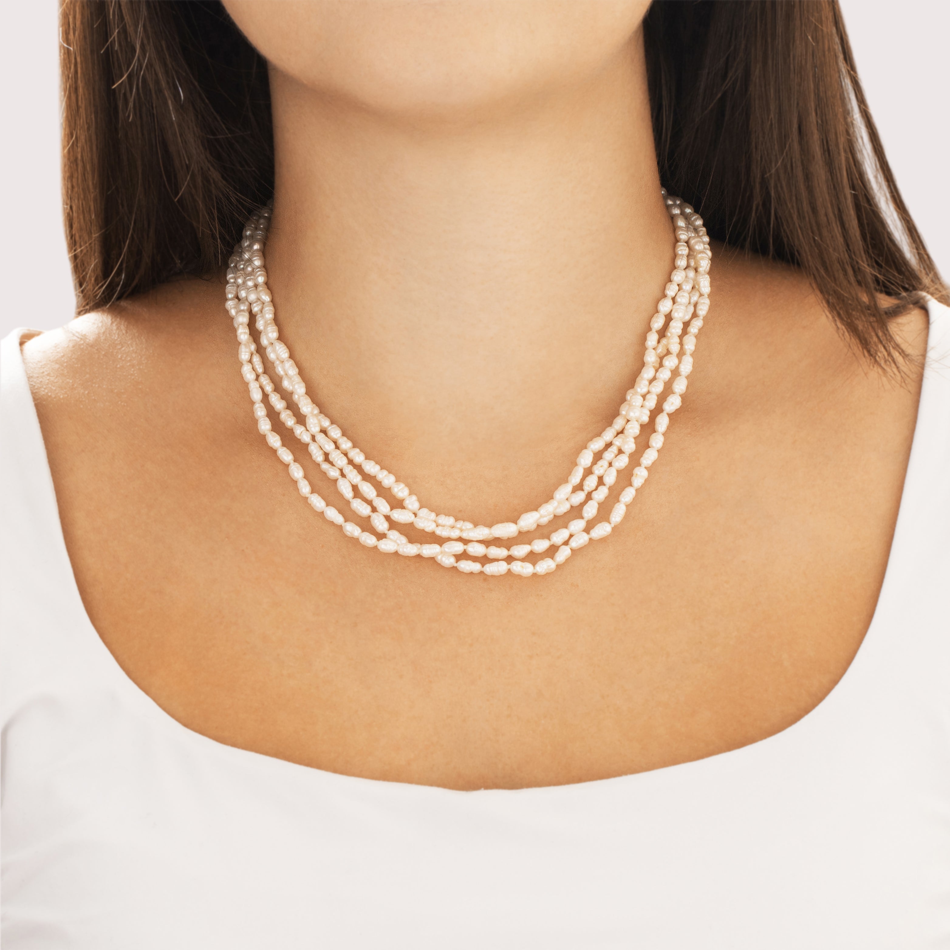Vintage 14k Yellow Gold Baroque Pearl Elegant Four Strand Necklace - On model view