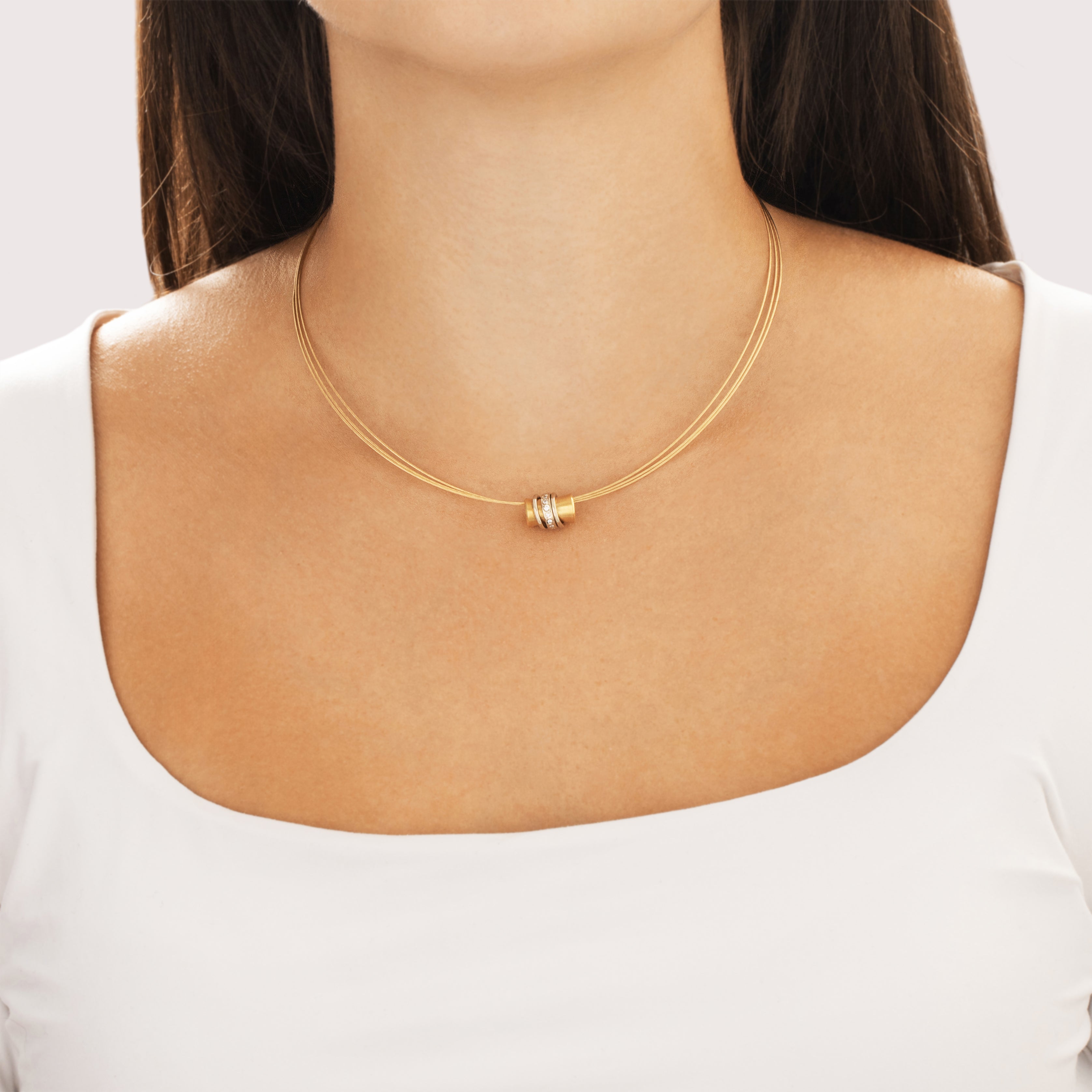 Vintage German 14k Yellow & White Gold Diamond Silky Sleek Charm Collar Necklace - On model view