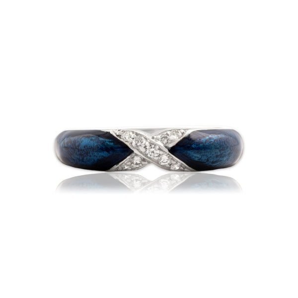 Vintage Hidalgo 18k White Gold Diamond Stackable Crossover Blue Enamel Ring 6.50
