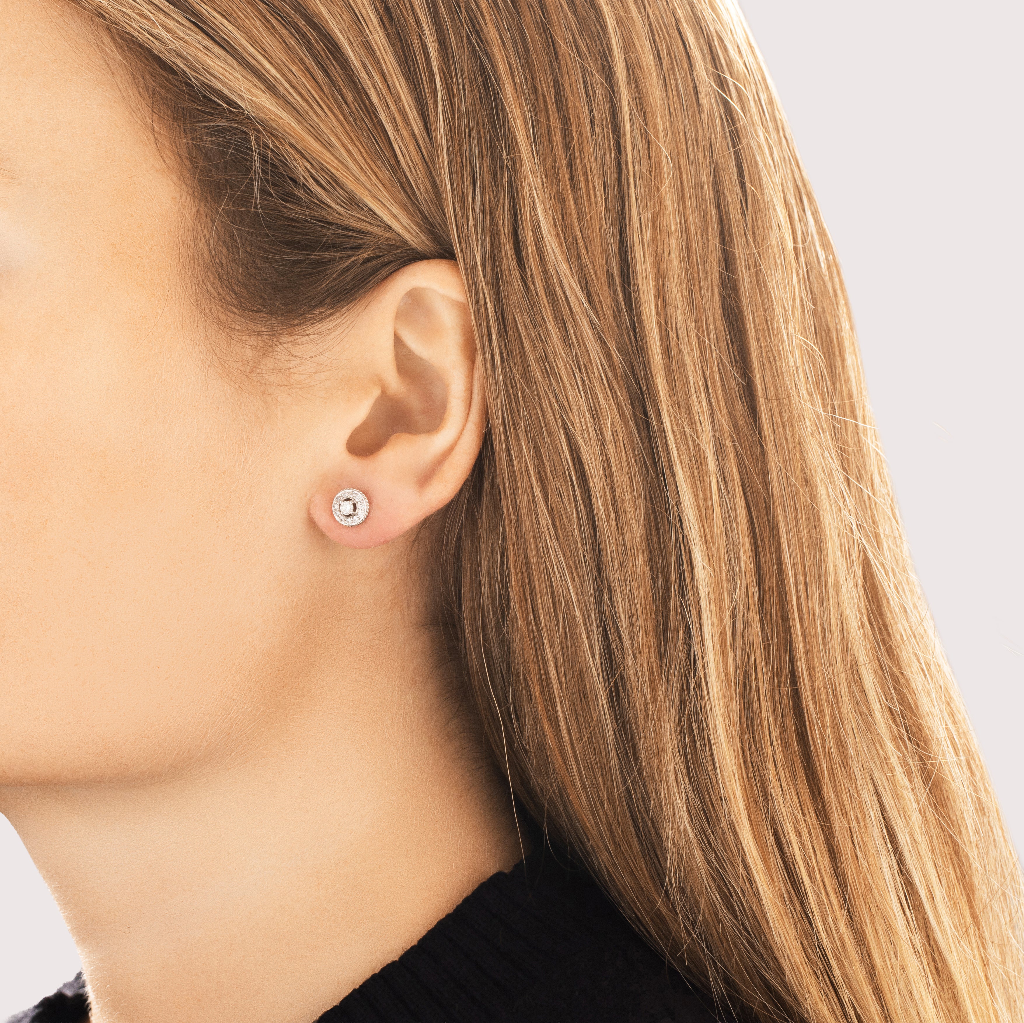 Vintage 18k White Gold Diamond Timeless Textured Halo Stud Earrings - On model view
