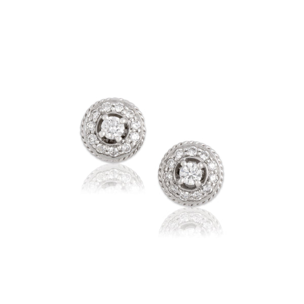 Vintage 18k White Gold Diamond Timeless Textured Halo Stud Earrings