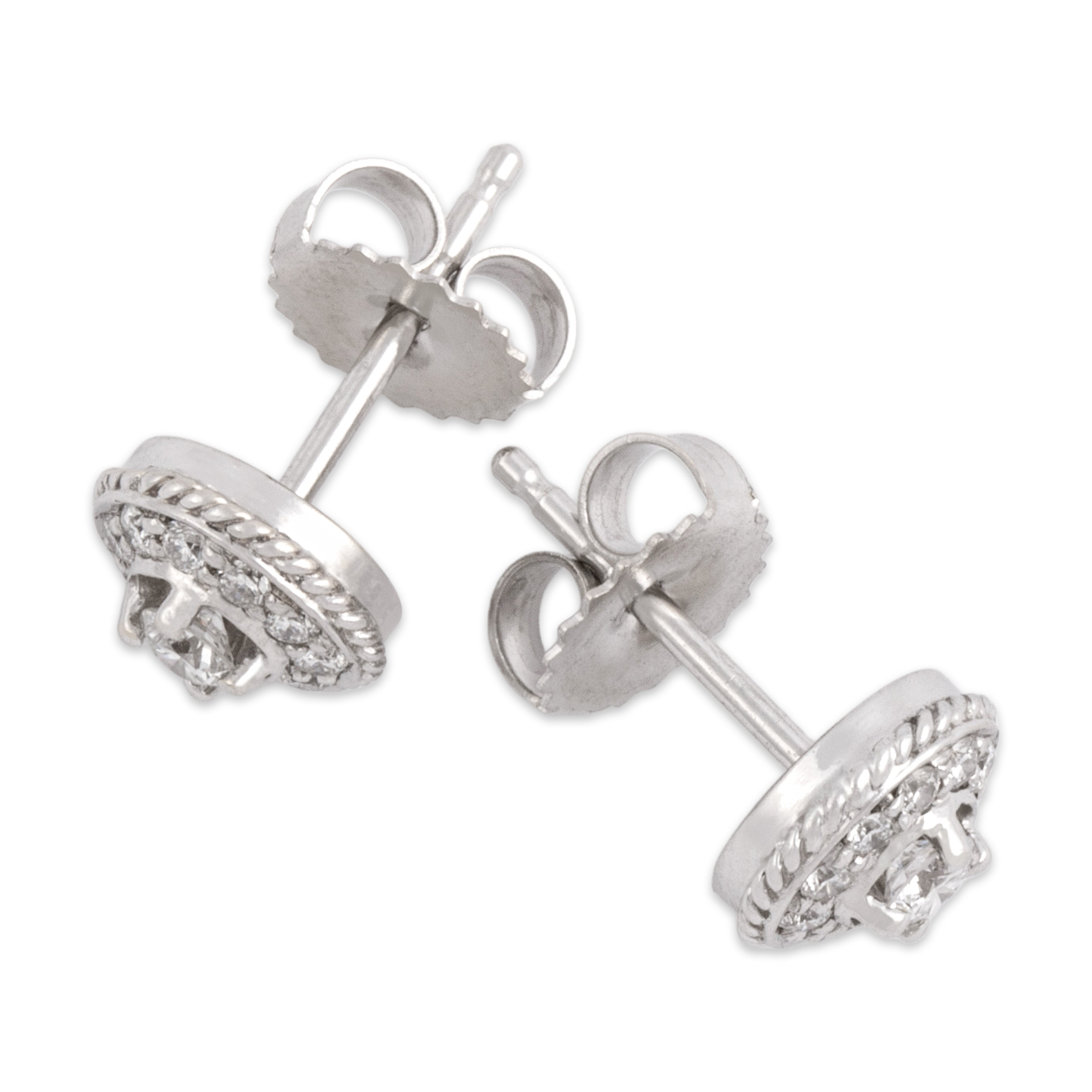 Vintage 18k White Gold Diamond Timeless Textured Halo Stud Earrings - Overall view