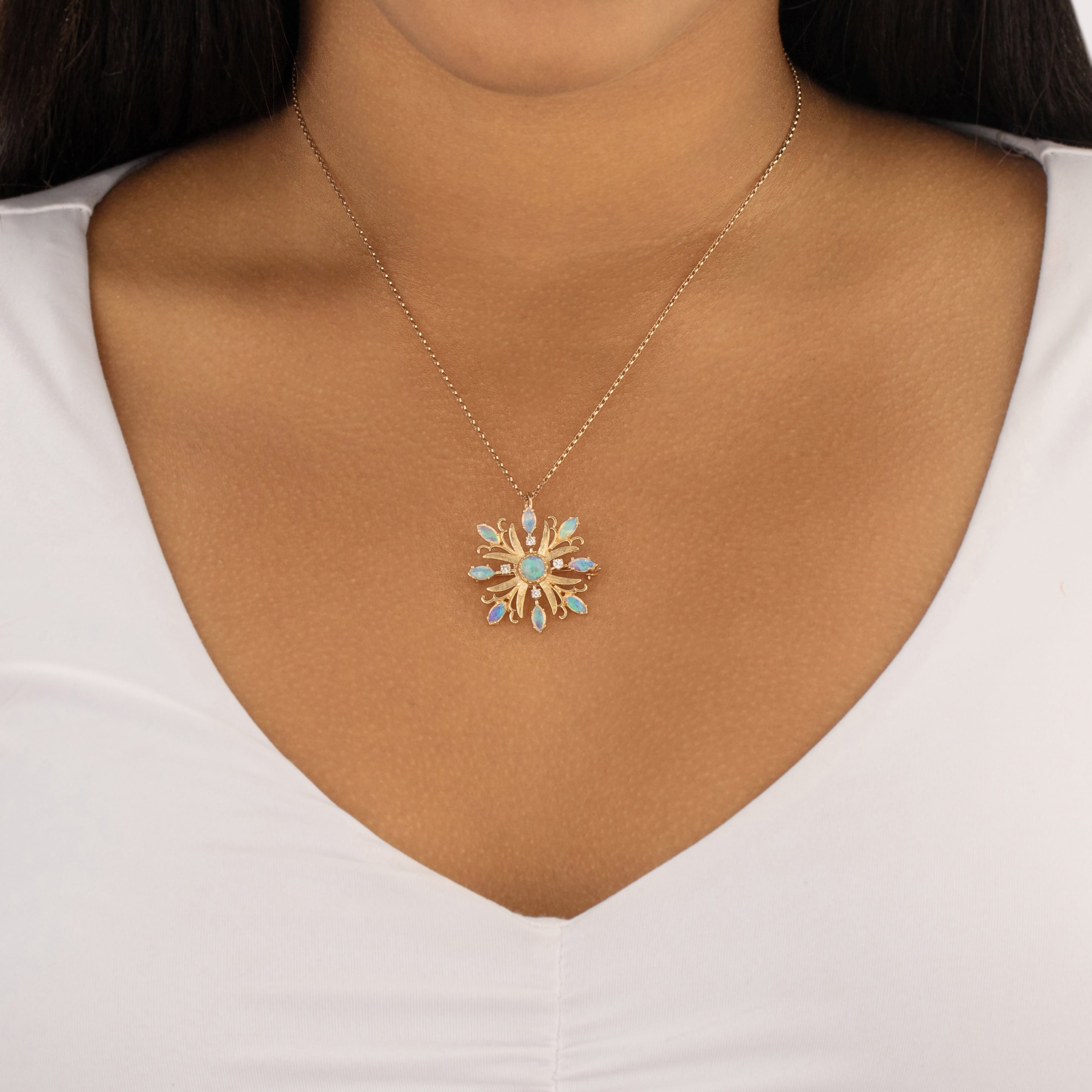 Vintage 14k Yellow Gold 1.16cttw Opal Diamond Fabulous Starburst Blossom Pin / Pendant - On model view