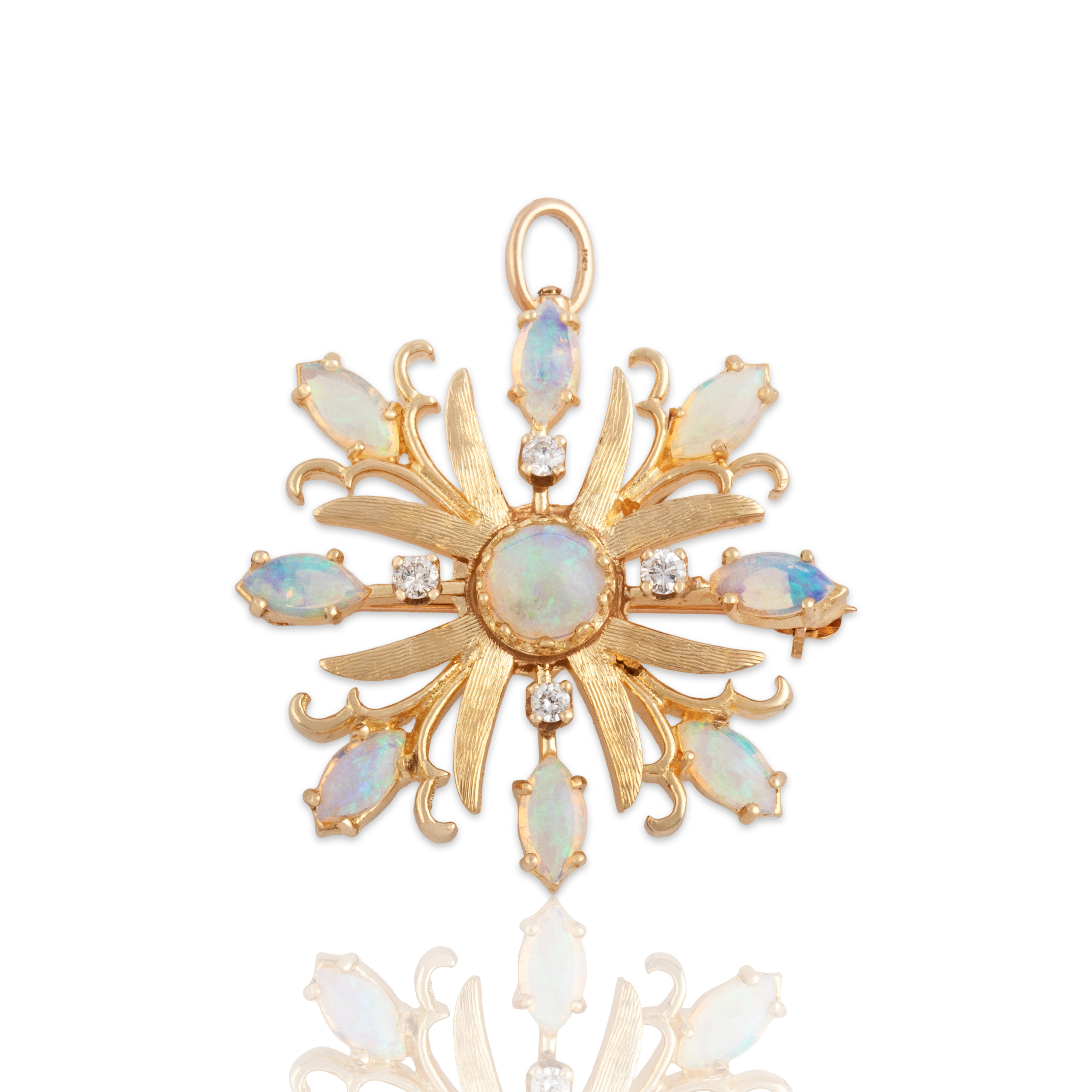 Vintage 14k Yellow Gold 1.16cttw Opal Diamond Fabulous Starburst Blossom Pin / Pendant - Close-up view