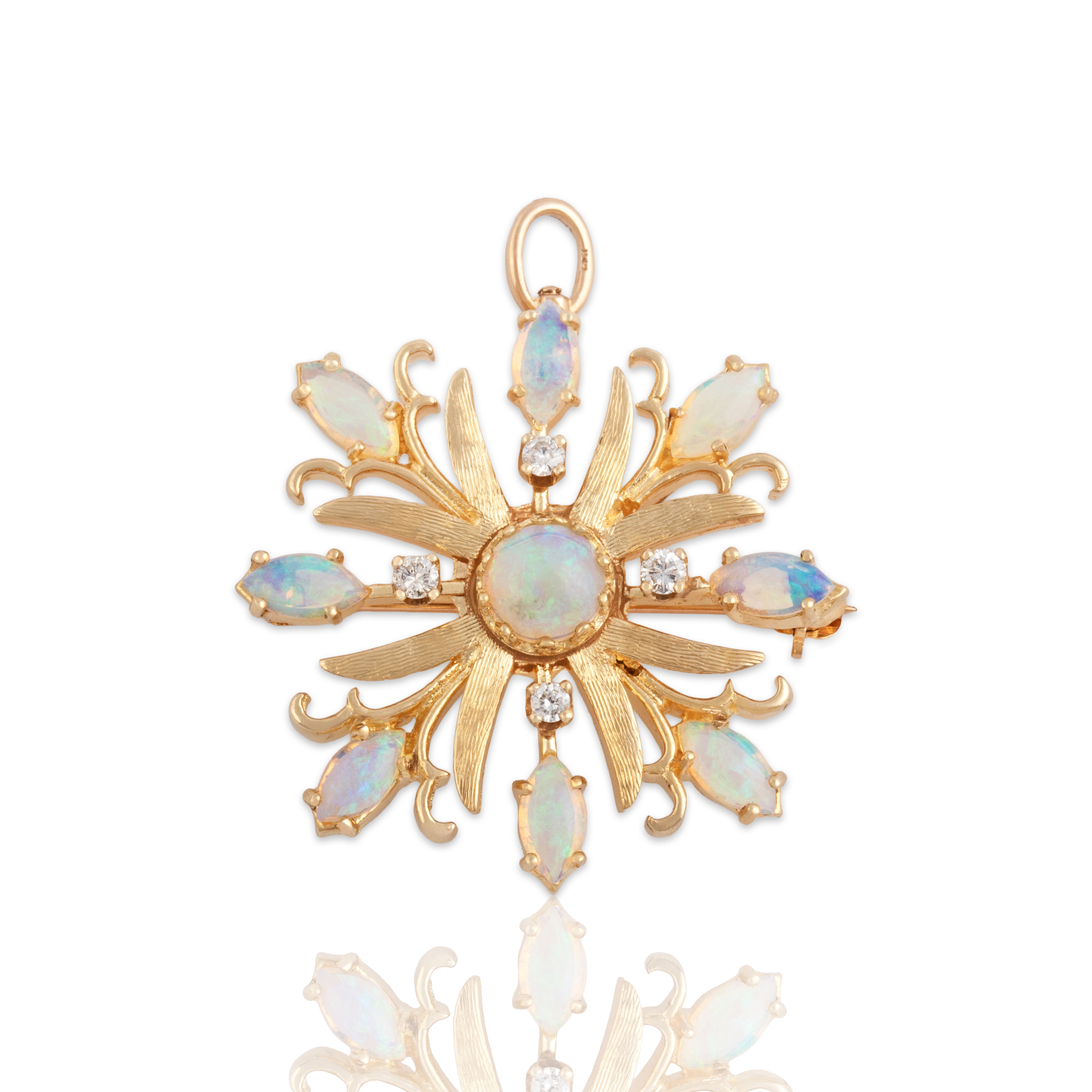 Vintage 14k Yellow Gold 1.16cttw Opal Diamond Starburst Blossom Pin / Pendant