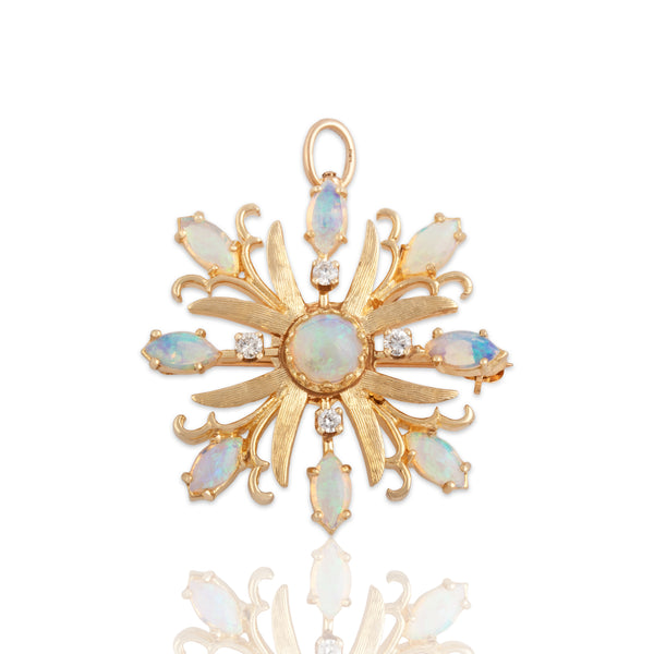 Vintage 14k Yellow Gold 1.16cttw Opal Diamond Starburst Blossom Pin / Pendant