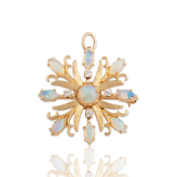 Vintage 14k Yellow Gold 1.16cttw Opal Diamond Starburst Blossom Pin / Pendant