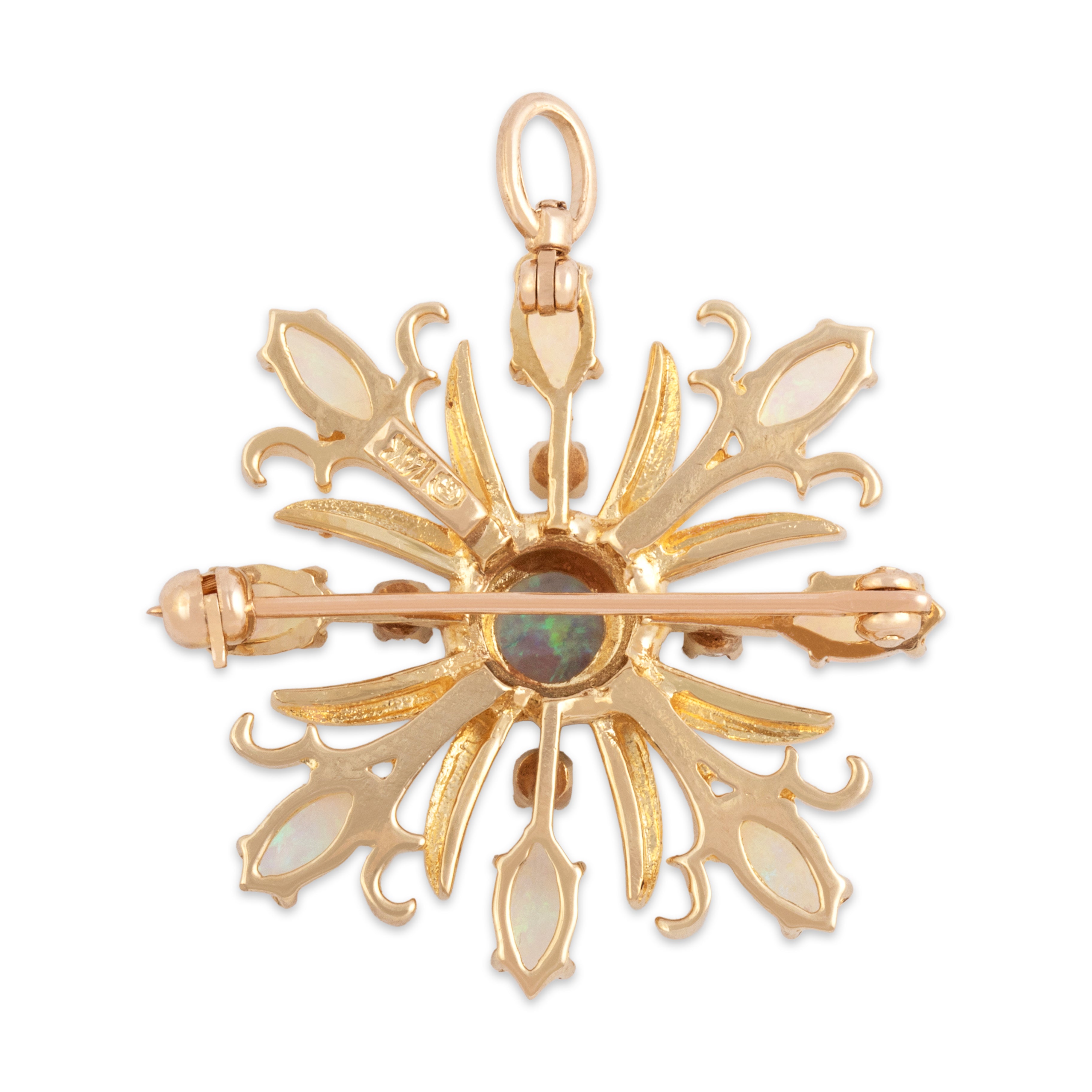 Vintage 14k Yellow Gold 1.16cttw Opal Diamond Fabulous Starburst Blossom Pin / Pendant - Back view
